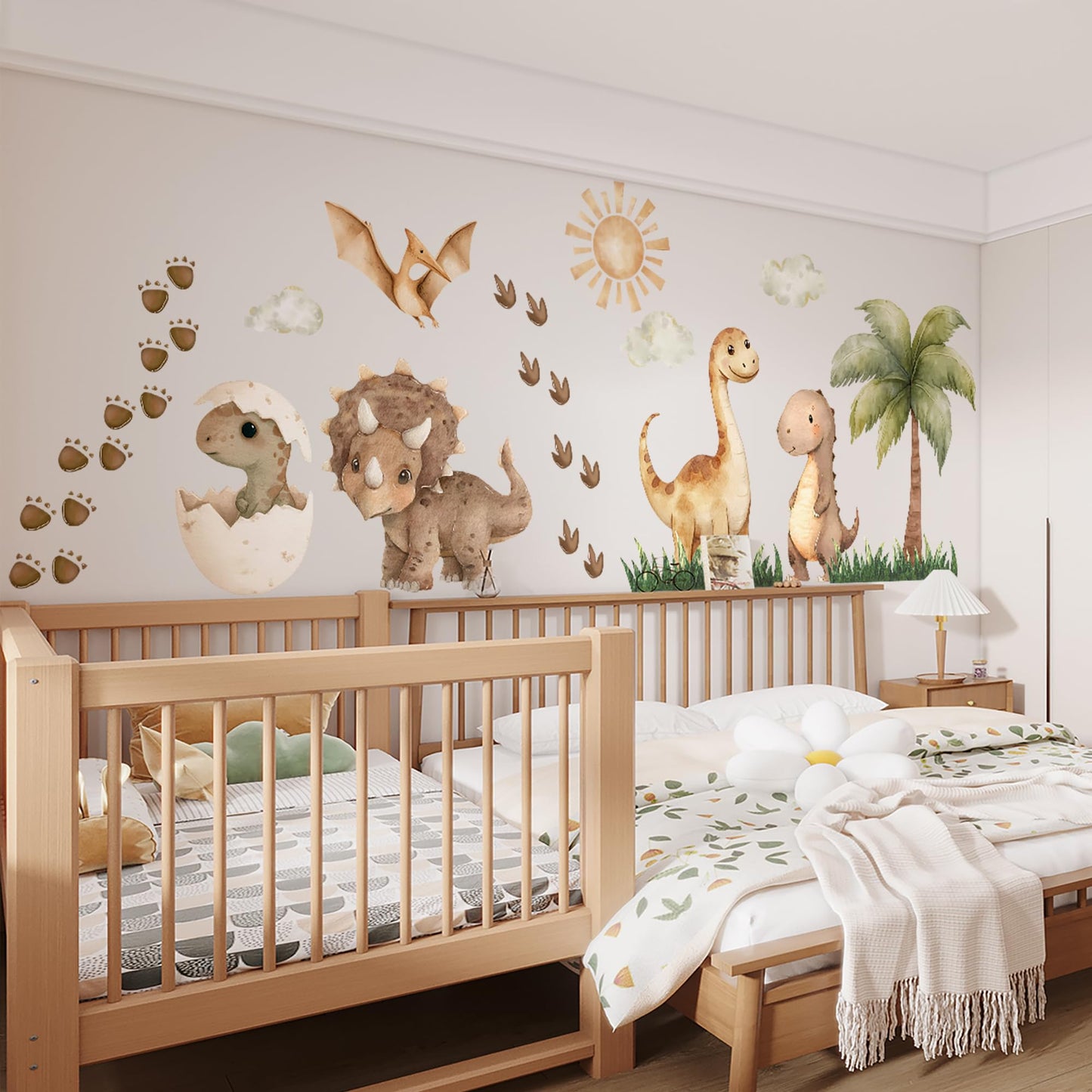 Calcomanías de pared extragrandes de dinosaurio, diseño bohemio de palmera, diseño de dinosaurio, para decoración de habitación, decoración de pared, para bebé, cuarto de niños, sala de juegos
