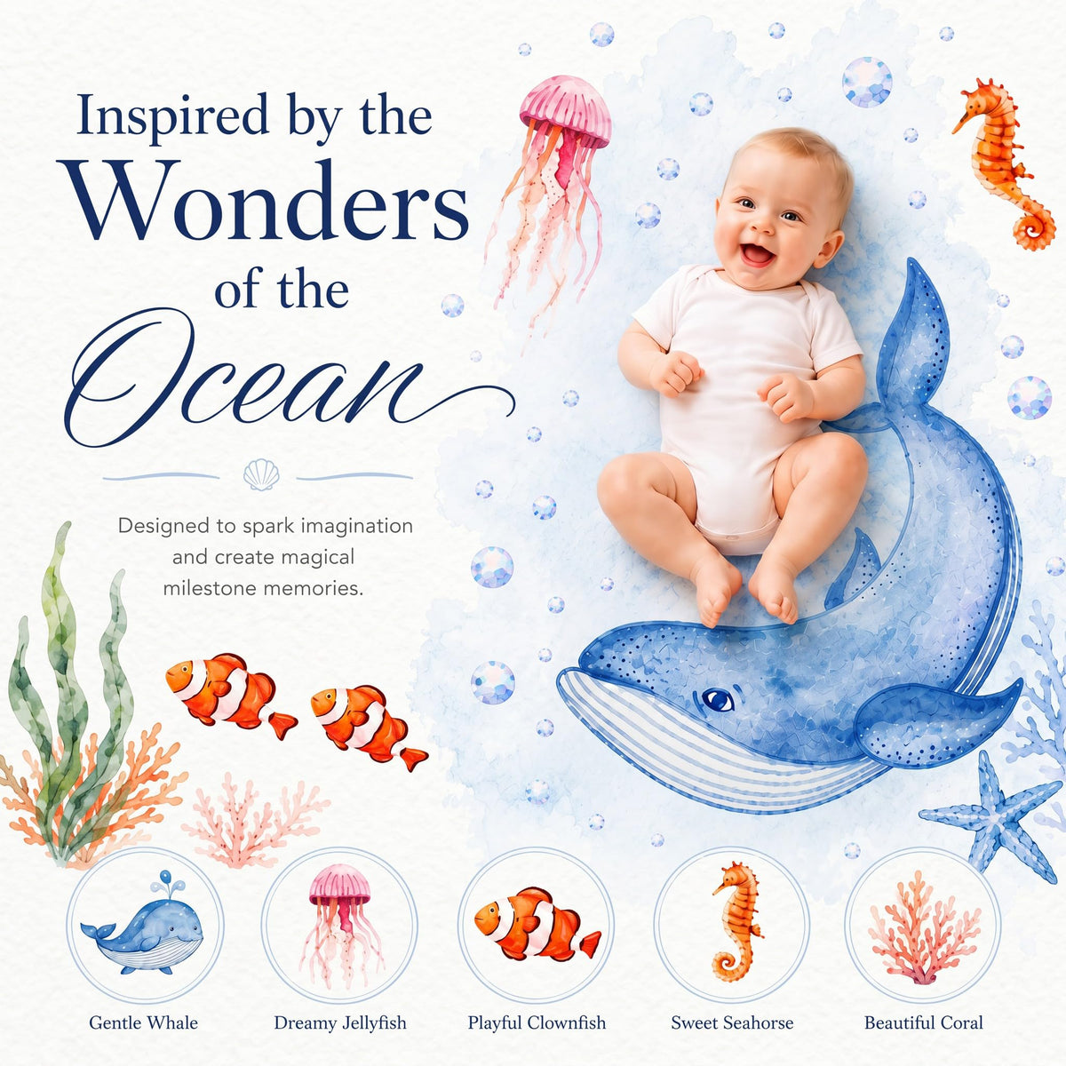 InnerSafe - Manta de hitos para bebé, diseño original, manta mensual de hitos para bebé, para niño y niña, manta de accesorios para fotografía de bebé, 152 x 102 cm, Mundo Oceánico