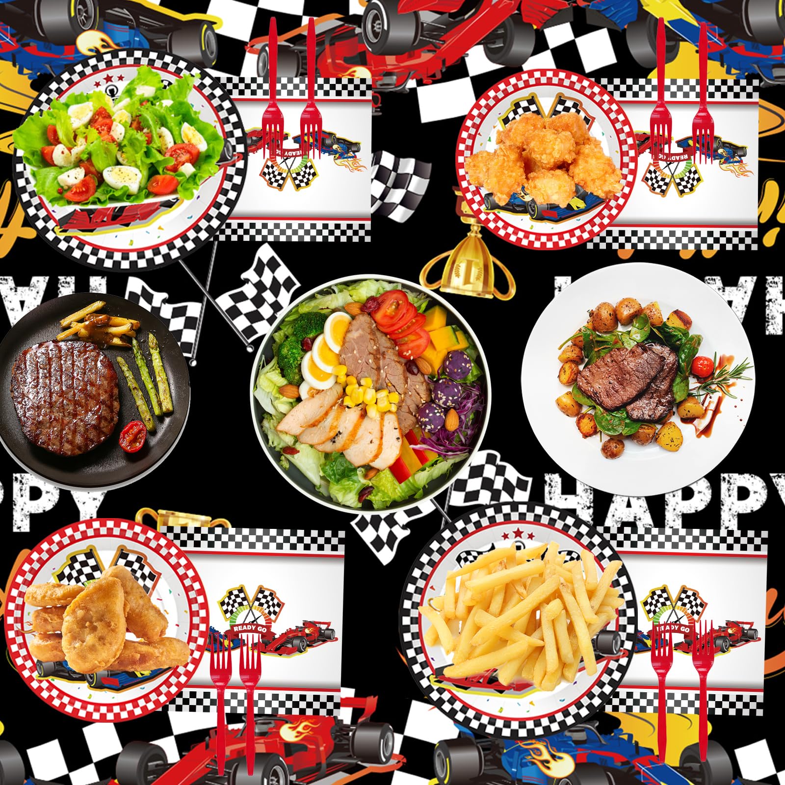 Bzxxysi - Juego de vajilla para fiesta de cumpleaños para coche, diseño rojo y negro, incluye platos, servilletas, tazas, tenedores, mantel, pancartas para 24 invitados