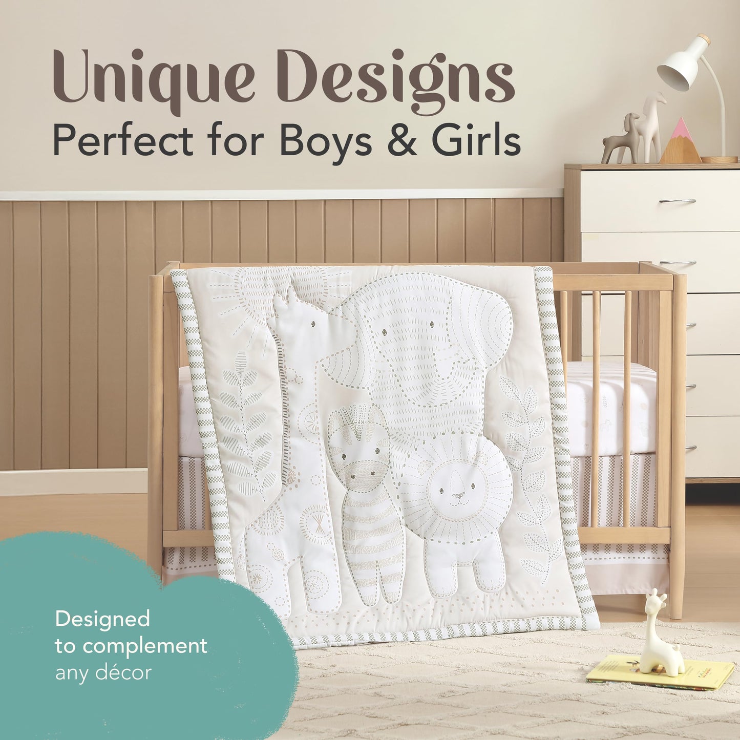 El juego de cama de 3 piezas para cuna de The Hōmistry para niños y niñas - Edredón reversible, sábana ajustada, falda de cuna - Juego de ropa de cama para cuna de microfibra suave, transpirable y