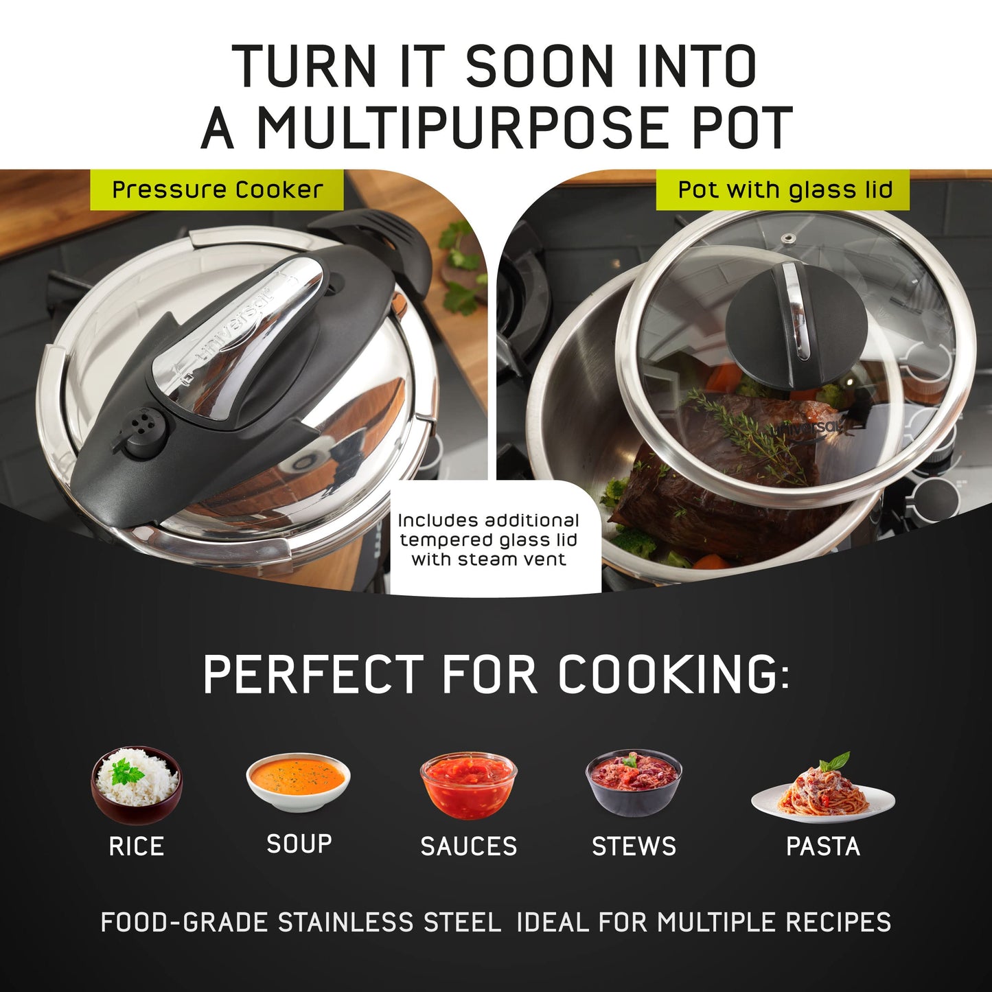 Olla de Presión Universal Acero Inoxidable 4 Litros con Tapa de Vidrio para Cocinas de Inducción