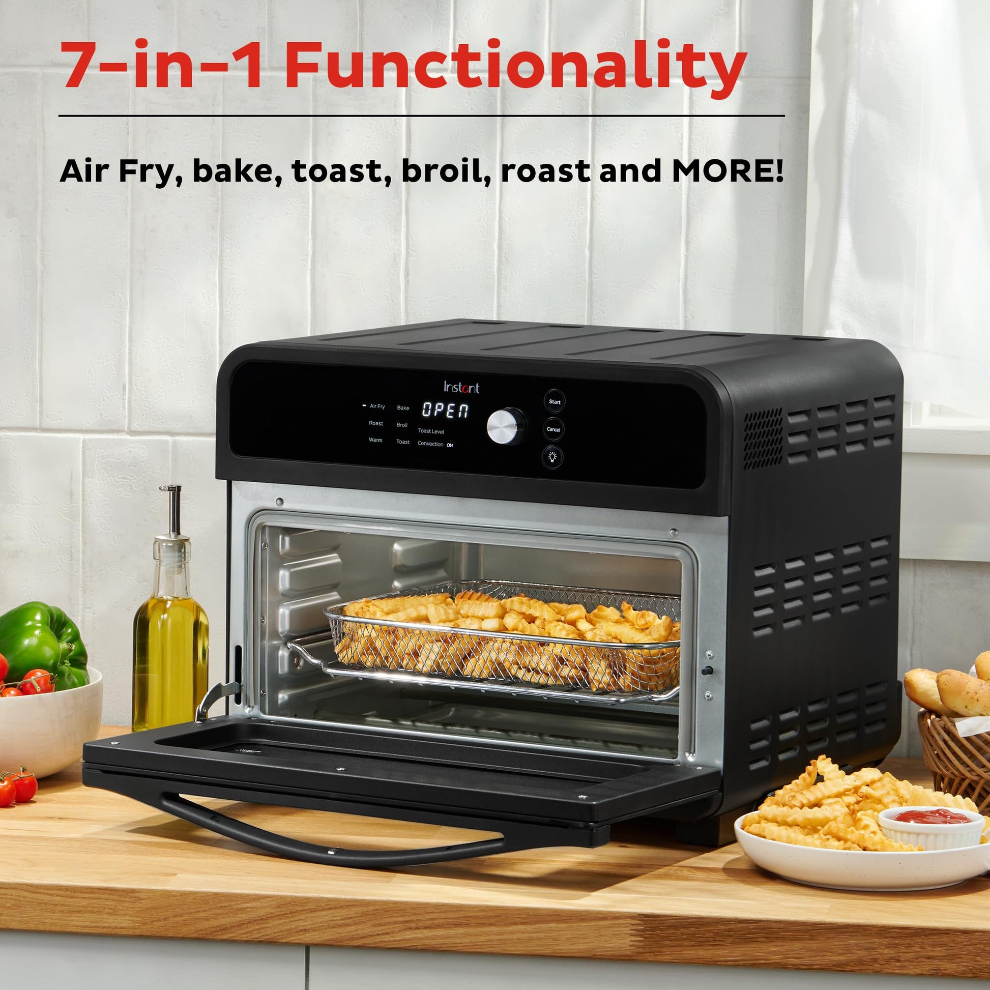 Instant Omni 19QT/18L - Freidora de aire para horno tostador, funciones 7 en 1, se adapta a pizza de 12 pulgadas, patatas fritas, broils, hornear, asados, tostadas, calienta, convección, más de 100