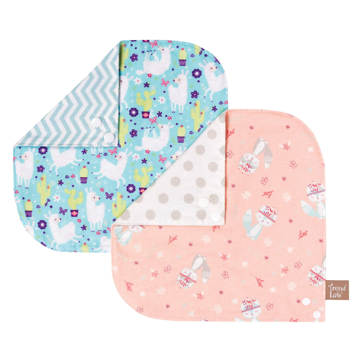 Southwest Llama - Juego de 2 baberos reversibles de franela con estampado de zorro/lunares, llama/cheurón, rosas, menta, gris, turquesa, lima, franela 100% algodón, cierre a presión, 11.5 x 11.5 pulgadas