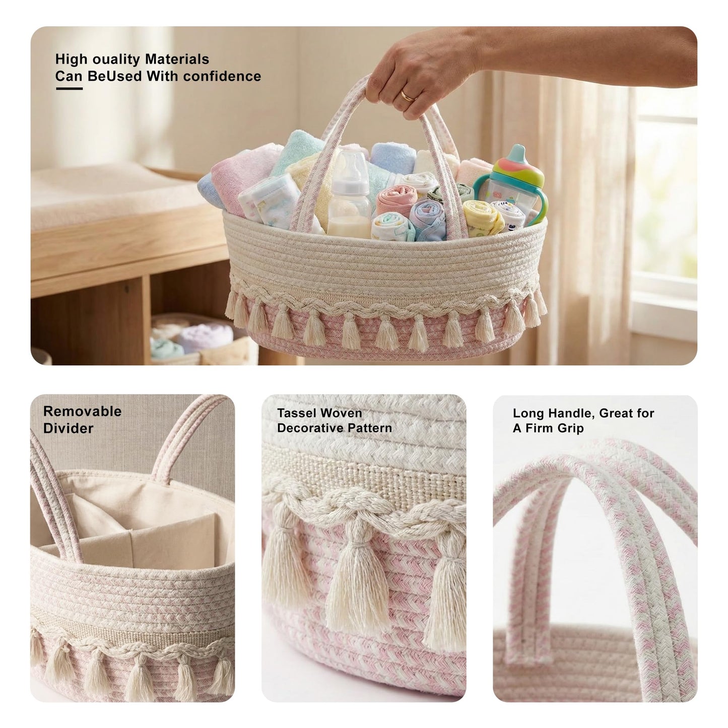 TUWEIPAIKE Organizador de pañales, elegante cesta de almacenamiento de guardería, cesta de baby shower con aspecto decorativo de borla, cesta de almacenamiento portátil adecuada para viajes familiares