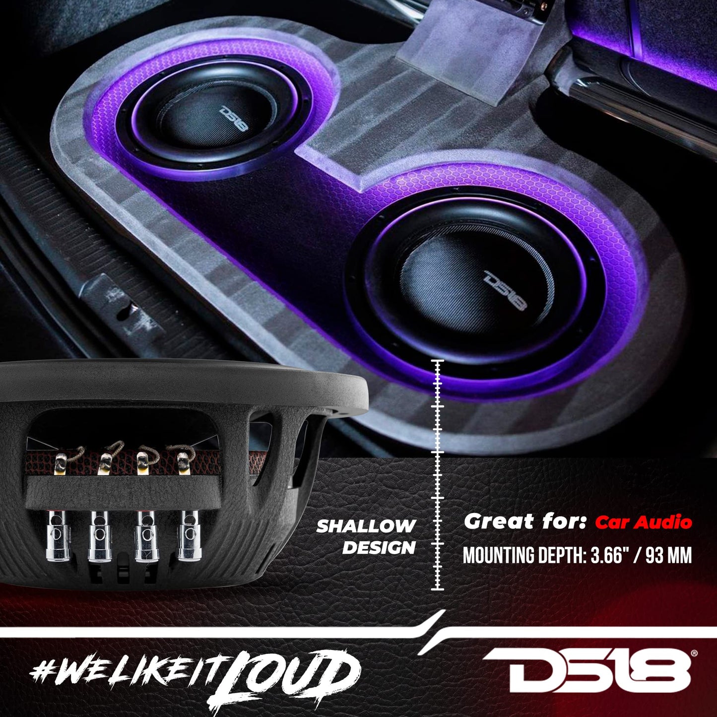 DS18 IXS10.2D - Subwoofer de coche de 10 pulgadas, 1200 W máx., 600 W RMS, 2+2 ohmios, montaje poco profundo, diseño delgado, negro corrugado