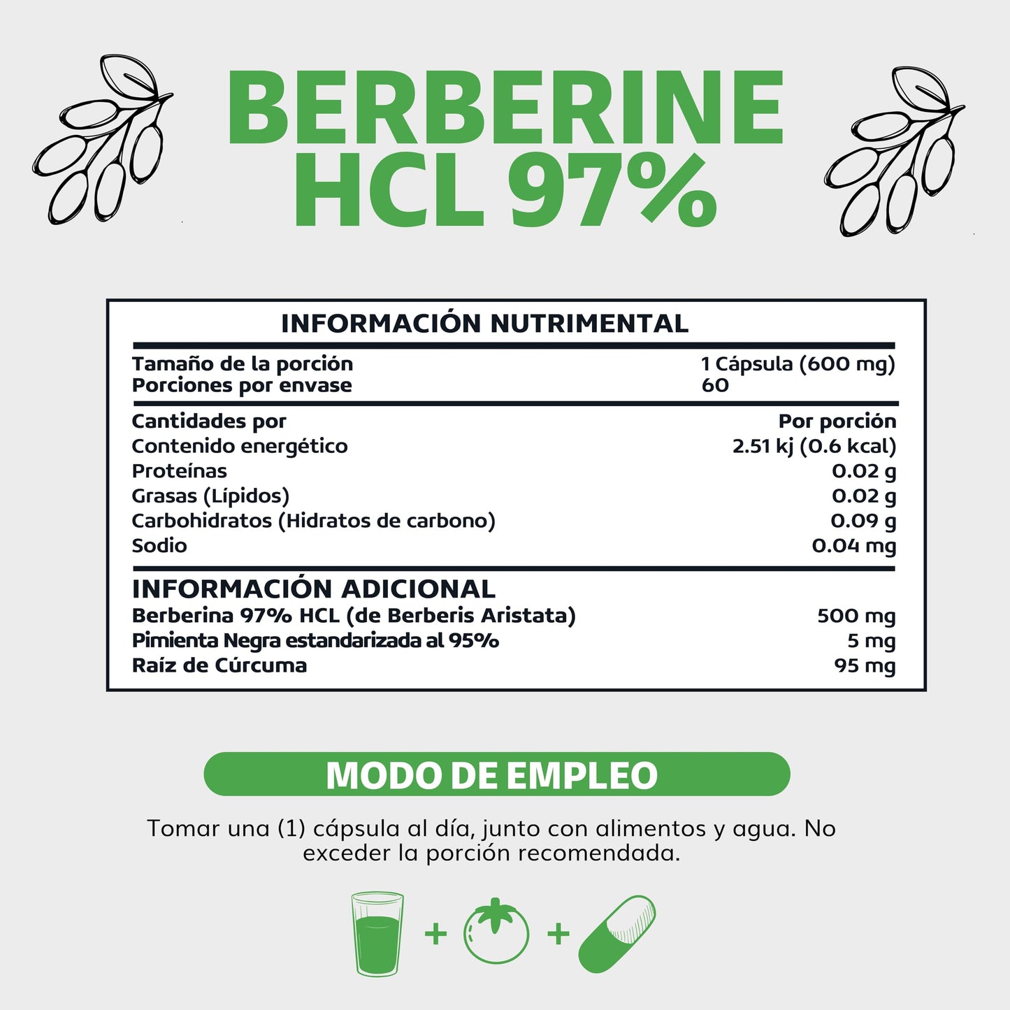 Berberina HCL 97% | 500mg de Berberina Clorhidrato, potenciado con Piperina al 97% y Cúrcuma | Berberine 60 cápsulas