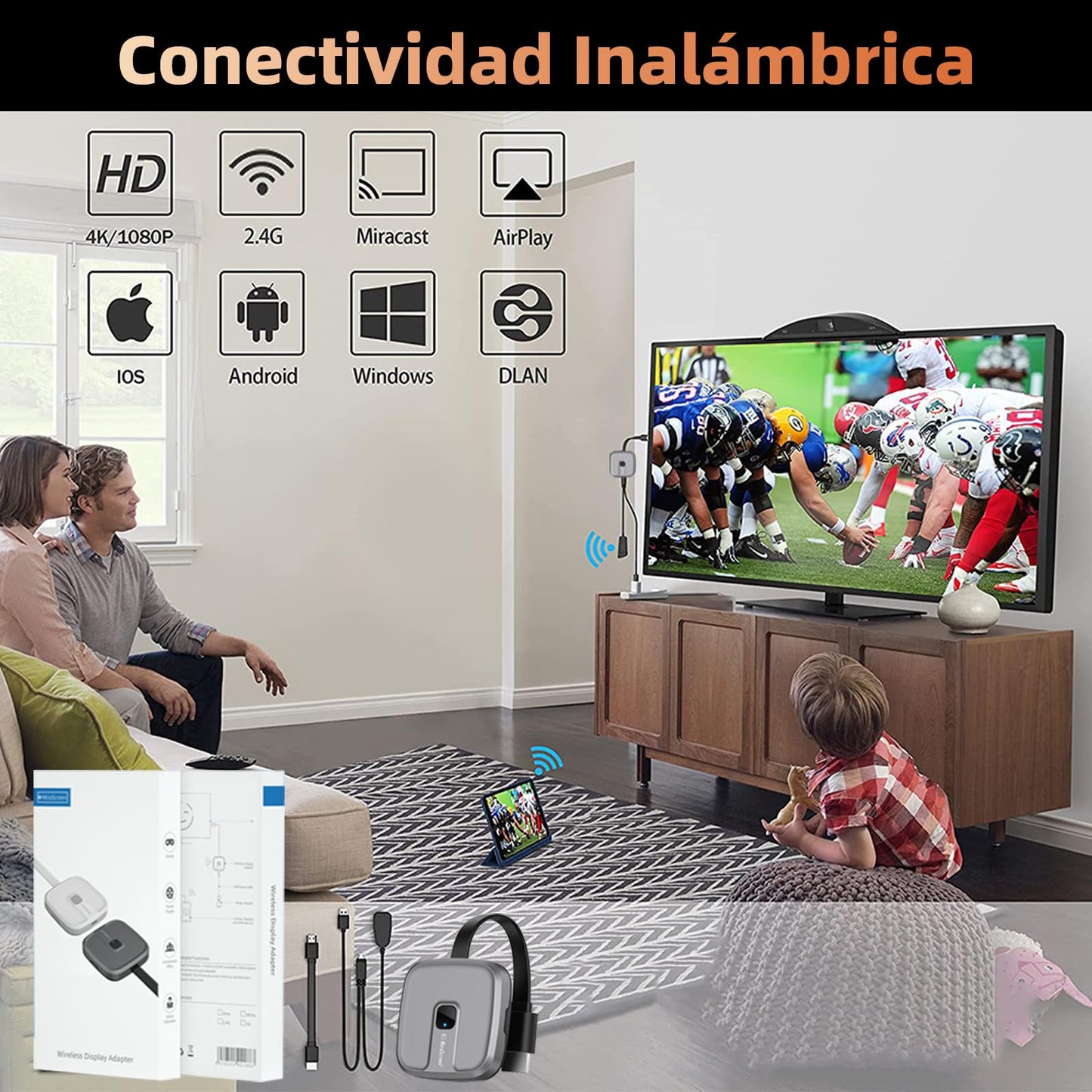 Receptor Inalámbrico 2RIYADH HDMI 4K Compatibilidad para Pantalla de Teléfono y Laptop