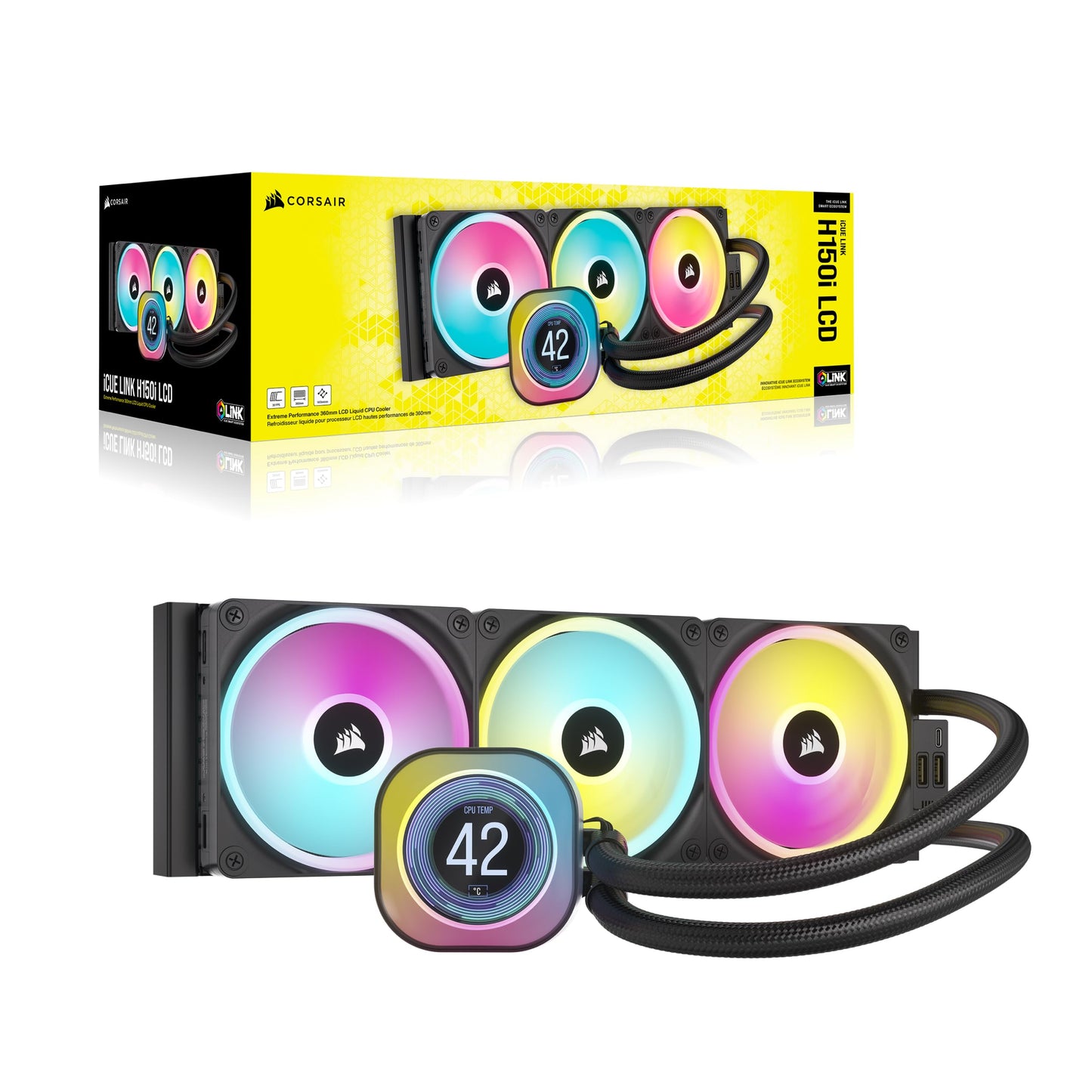 CORSAIR iCUE Link H150i Refrigerador Líquido LCD Oara CPU - 360mm AIO - Ventiladores QX120 RGB - Pantalla LCD IPS de 2.1" - Intel LGA 1700, AMD AM5 - iCUE Link Hub Incluido - Negro CW-9061008-WW