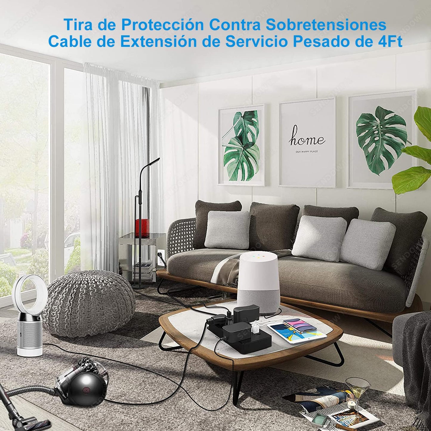 Sendowtek Multicontacto USB Regleta de Alimentación Regleta Enchufes USB con Cable de Extensión de 4Ft/1.2M Conector Multiple con 8 Tomas, 3 Puertos USB A y 1 Puerto Tipo-C, para Hogar y Oficina