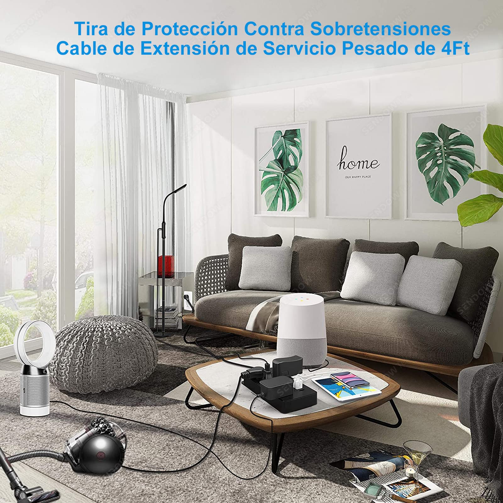 Sendowtek Multicontacto USB Regleta de Alimentación Regleta Enchufes USB con Cable de Extensión de 4Ft/1.2M Conector Multiple con 8 Tomas, 3 Puertos USB A y 1 Puerto Tipo-C, para Hogar y Oficina