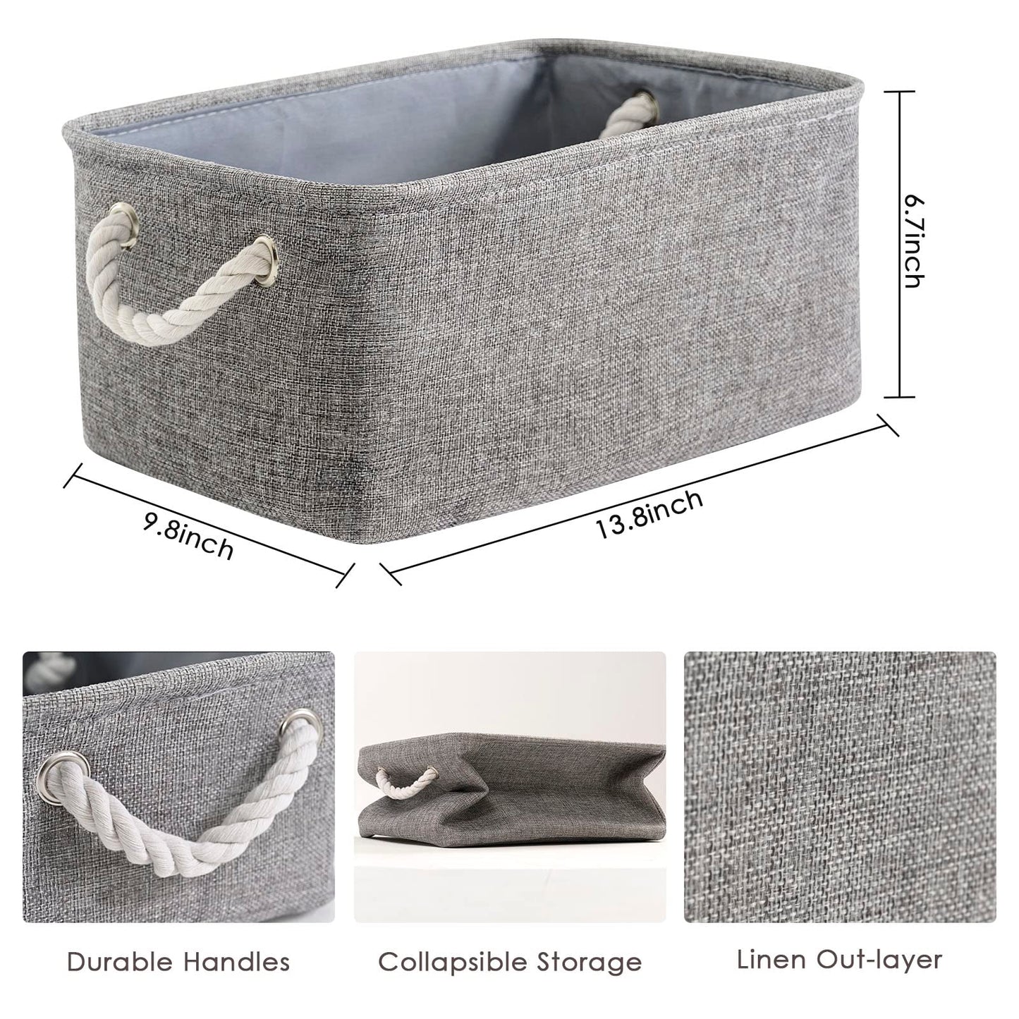 TheWarmHome Cesta de almacenamiento plegable con asa de cuerda de algodón resistente, plegable, funciona como almacenamiento de bebé, almacenamiento de juguetes, cestas de guardería, gris, 3Pack-13