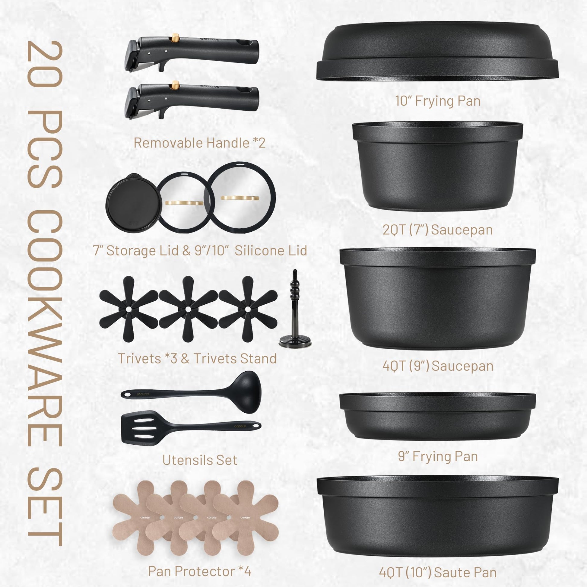 CAROTE - Juego de 20 ollas y sartenes antiadherentes, aptos para lavavajillas, horno y refrigerador, mango extraíble, utensilios de cocina aptos para horno RV, juego de cocina de inducción, negro