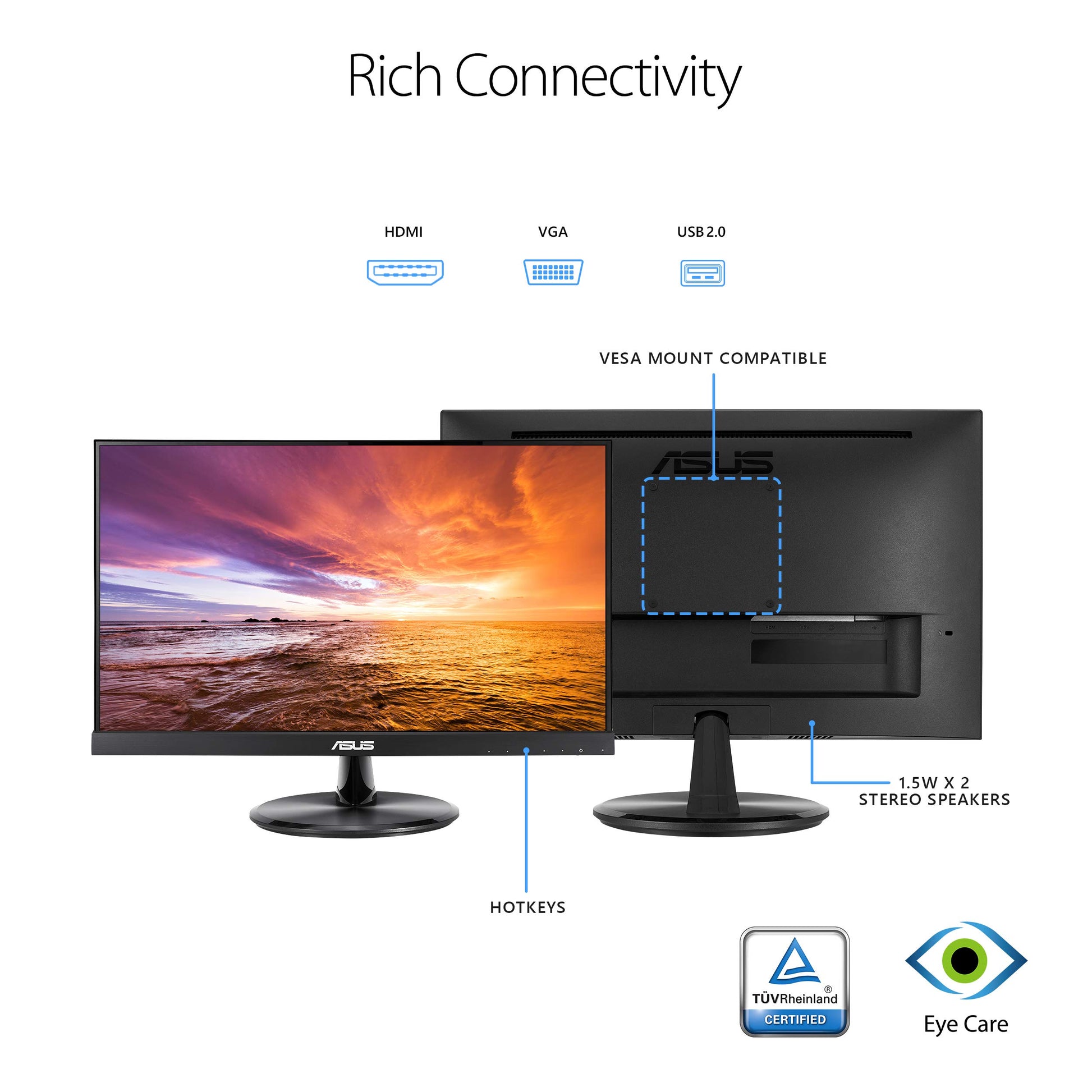 Asus Monitor Touch 21.5" VT229H, Full HD (1920 x 1080), 10 Puntos táctiles, panel IPS, sin marco, antiparpadeo, Filtro de luz Azul, HDMI, dureza 7H