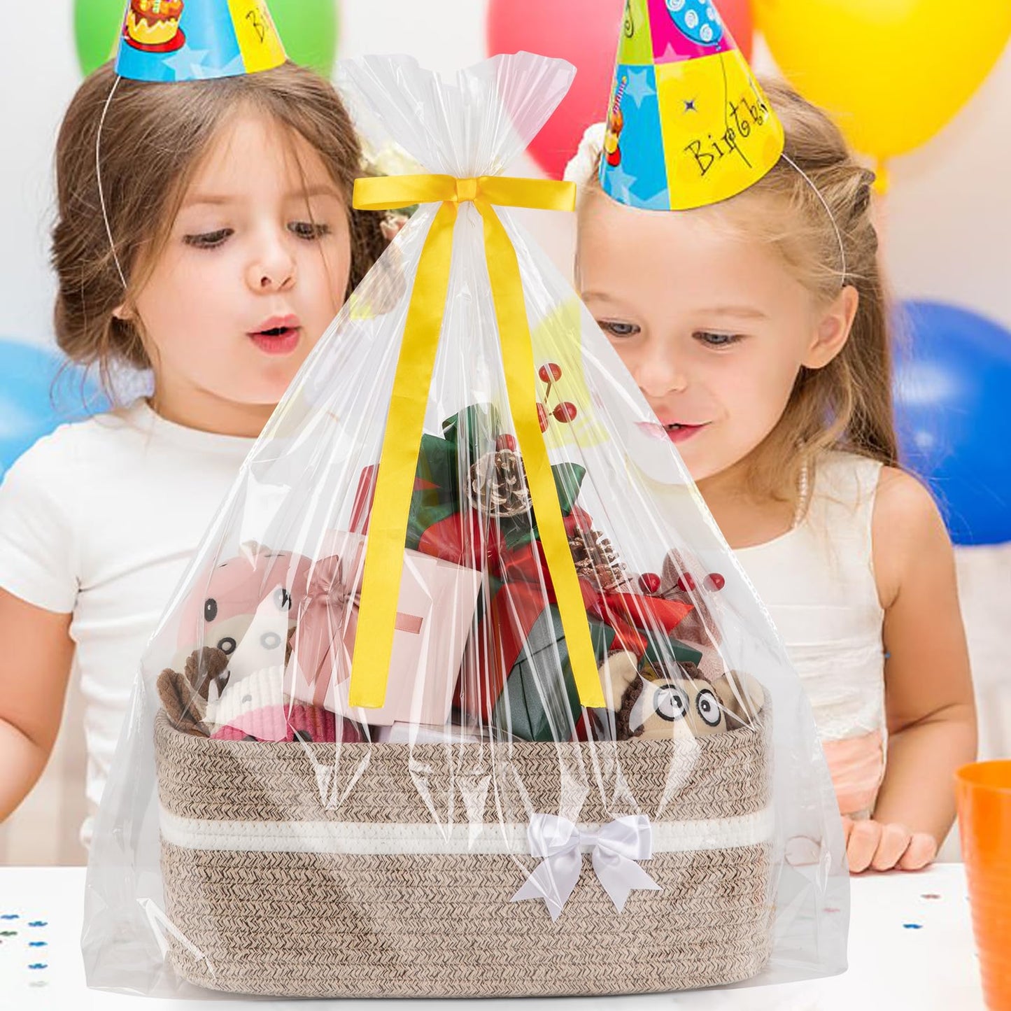 OIAHOMY - Cesta de almacenamiento tejida grande con asas para guardería, estantes de sala de estar, cesta de lazo para regalos vacía con bolsas de regalo y cintas para baby shower, contenedor de
