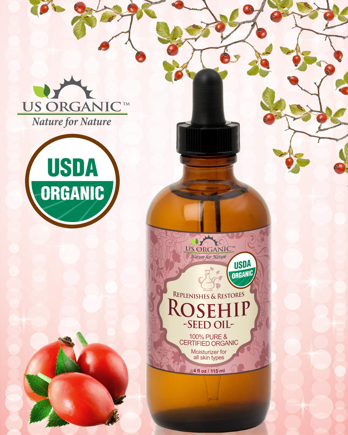 US Organic Aceite de Rosa Mosqueta Orgánico USDA, Prensado en Frío, 115 ml