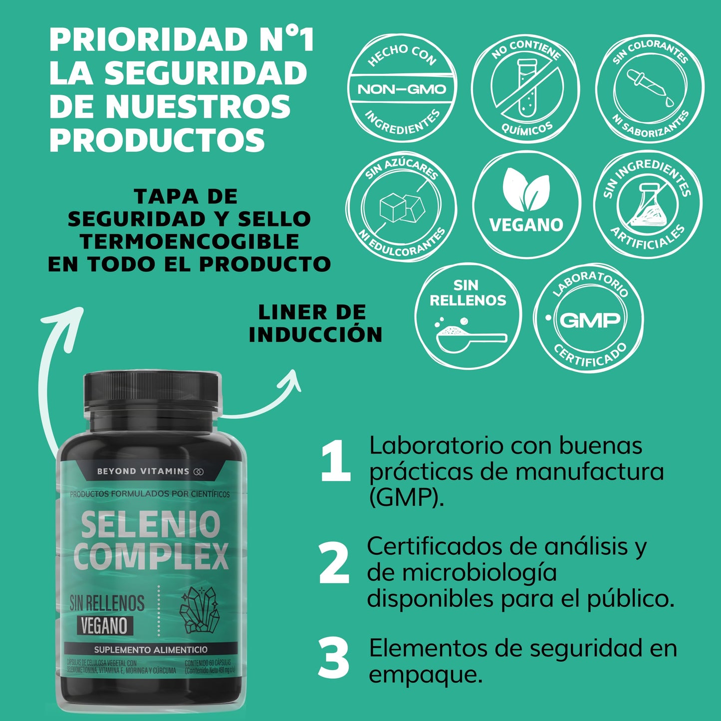 Cápsulas Selenio Seleniometionina Veganas con Vitamina E, Moringa y Raíz de Cúrcuma