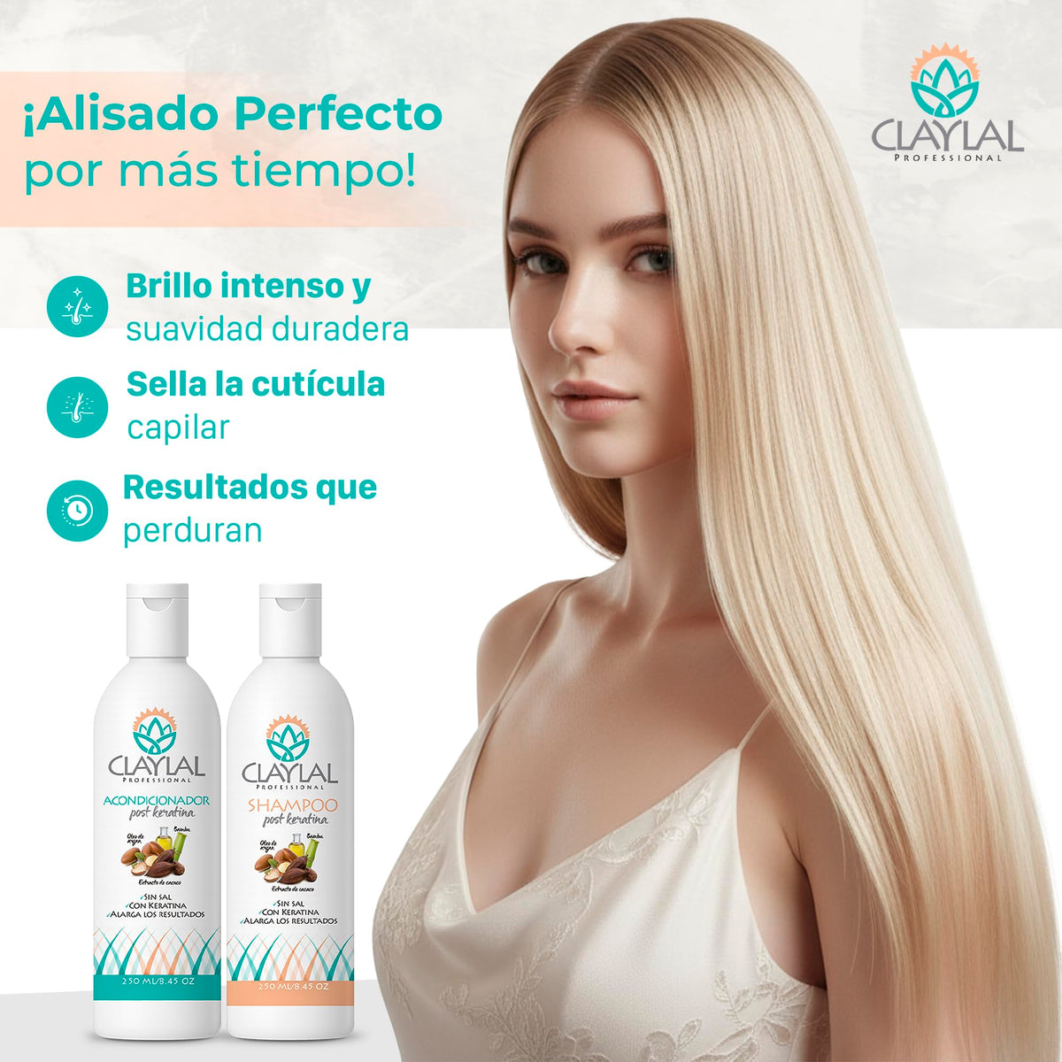 Claylal Professional | Shampoo y Acondicionador Post keratina 250ml c/u | Sin Sal | Tratamiento Post Alaciado con Cacao, Bambú y Aceite de Argán | Hidrata, Repara y Prolonga el Alaciado