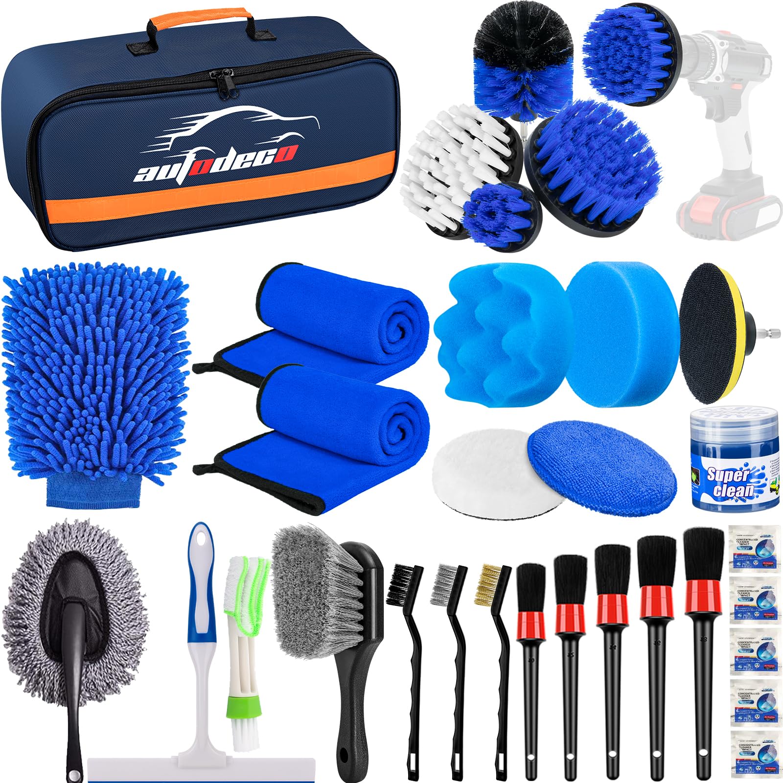 AUTODECO - Juego de 31 cepillos para detalles de coche, kit de detalles de coche, juego de cepillos de taladro para detalles automáticos, kit de herramientas de limpieza de lavado de automóviles para interiores, exteriores, ruedas, azul