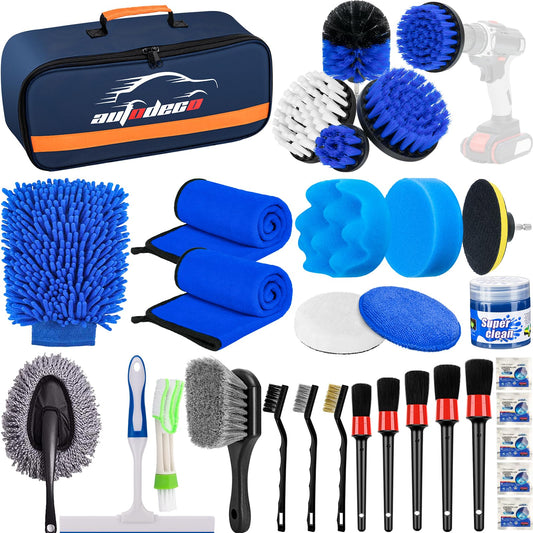 AUTODECO - Juego de 31 cepillos para detalles de coche, kit de detalles de coche, juego de cepillos de taladro para detalles automáticos, kit de herramientas de limpieza de lavado de automóviles para interiores, exteriores, ruedas, azul