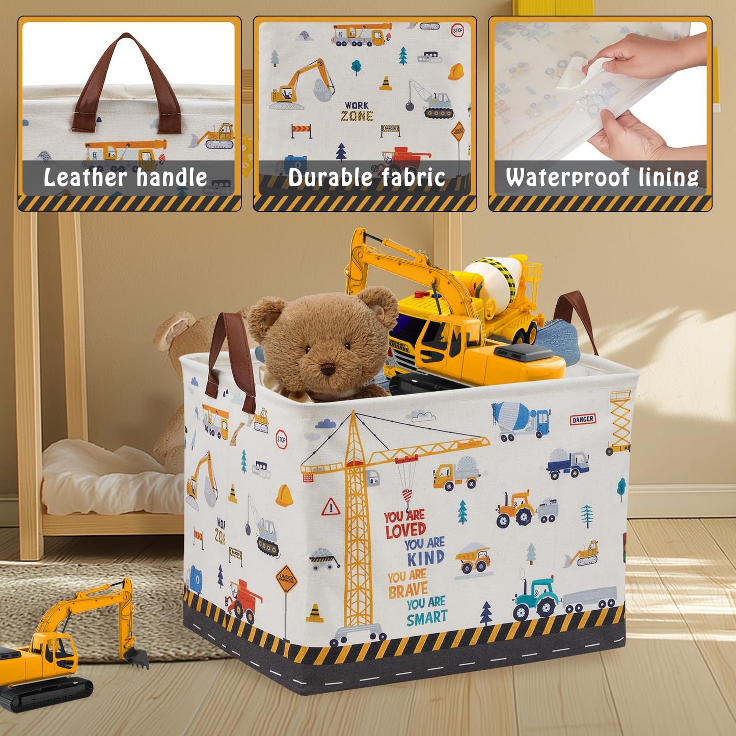 Cesta para decoración de vivero de construcción, cesta de almacenamiento de regalo para niños, camiones de transporte, excavadoras, cesta de juguetes para bebé, cesta de bebé, grande, rectangular,