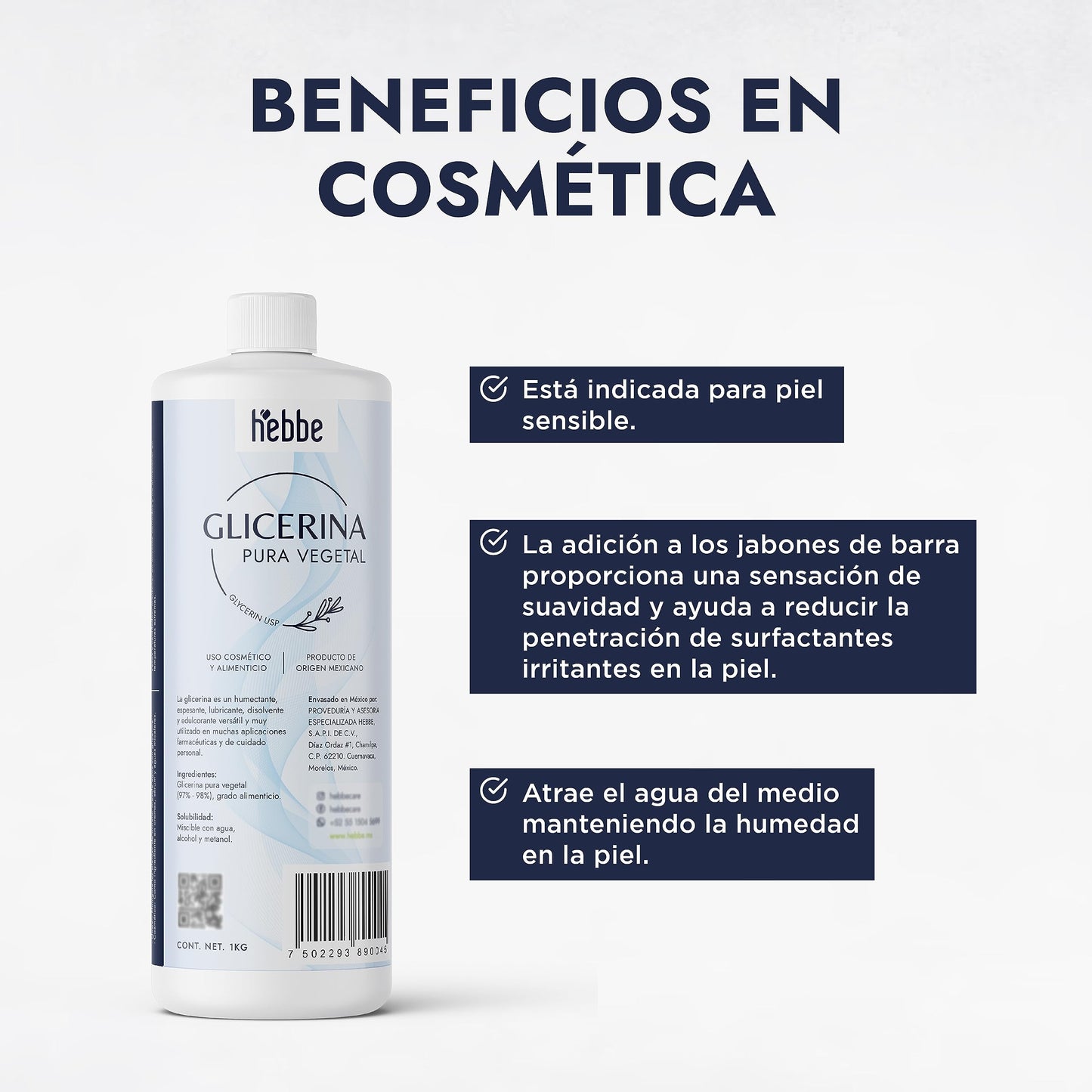 Hebbe | Glicerina Vegetal | Efecto Calmante | Para todo tipo de Piel | Uso Cosmético y Comestible | Refuerza la Hidratación | 1 kg