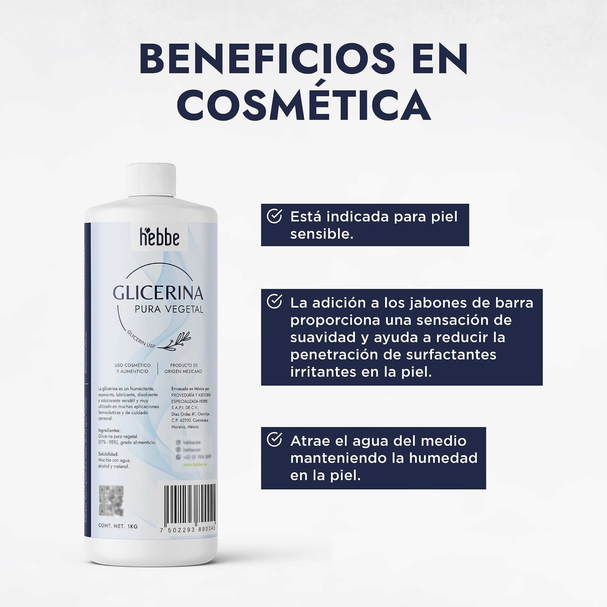 Hebbe | Glicerina Vegetal | Efecto Calmante | Para todo tipo de Piel | Uso Cosmético y Comestible | Refuerza la Hidratación | 1 kg
