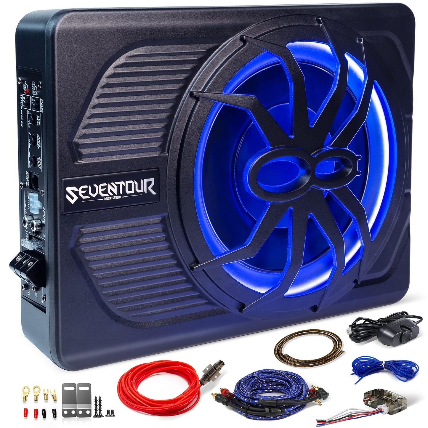 Subwoofer de coche de 800 W de actualización delgado para debajo del asiento de 10 pulgadas, subwoofer de audio para coche/camión, amplificador integrado, con luz LED azul (subwoofer + kit de cable de