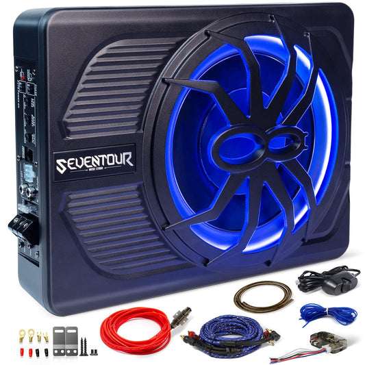 Subwoofer de coche de 800 W de actualización delgado para debajo del asiento de 10 pulgadas, subwoofer de audio para coche/camión, amplificador integrado, con luz LED azul (subwoofer + kit de cable de
