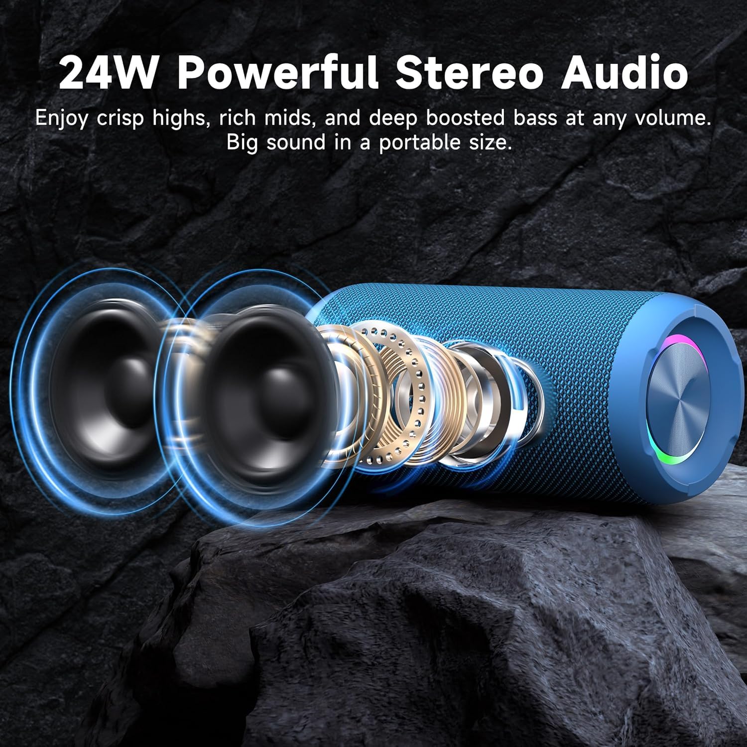 Ortizan Bocina Bluetooth Portátil, IPX7 Resistente al Agua con Sonido estéreo de 24 W, Altavoces Exteriores con Bluetooth 5.0, 30 Horas de reproducción, Rango Bluetooth de 20 m, emparejados duales