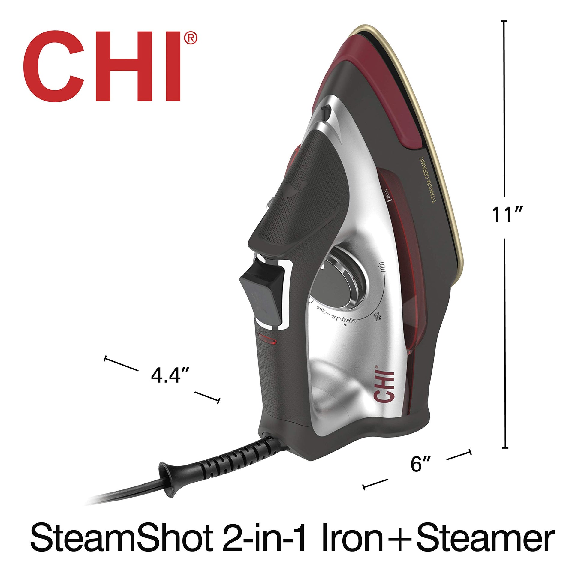 CHI Steam Plancha de Vapor 2 en 1 y vaporizador Vertical para Ropa con SteamShot Lente para Ropa con Suela infundida de Titanio, 1200 vatios, Cable de 10 pies (13108), Mediano