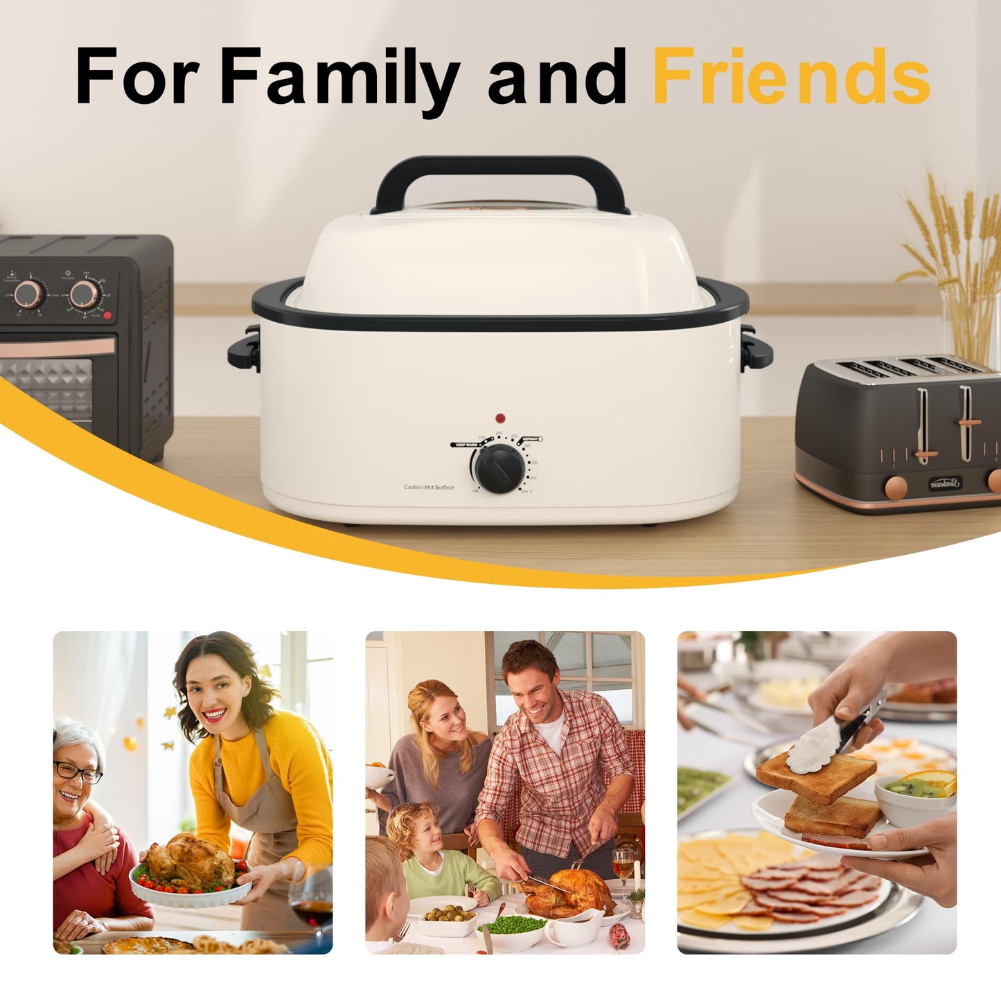 HEYNEMO Horno tostador, horno eléctrico de 24 cuartos de galón, horno tostador de pavo buffet con tapa autohilado, sartén extraíble, asas de tacto frío, acero inoxidable blanco