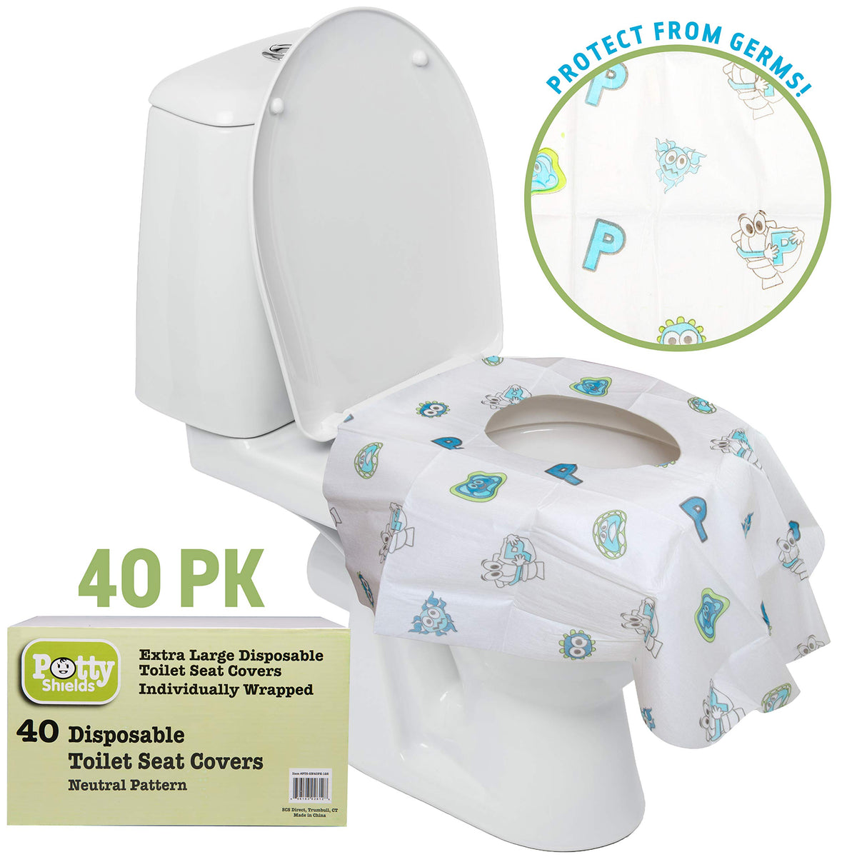 Cubiertas Desechables para Asiento de Inodoro Potty Shields (Paquete de 40) - Cubierta de Inodoro XL Impermeable para Niños Pequeños, Niños y Adultos - Portátil y Envuelta Individualmente para Viajes