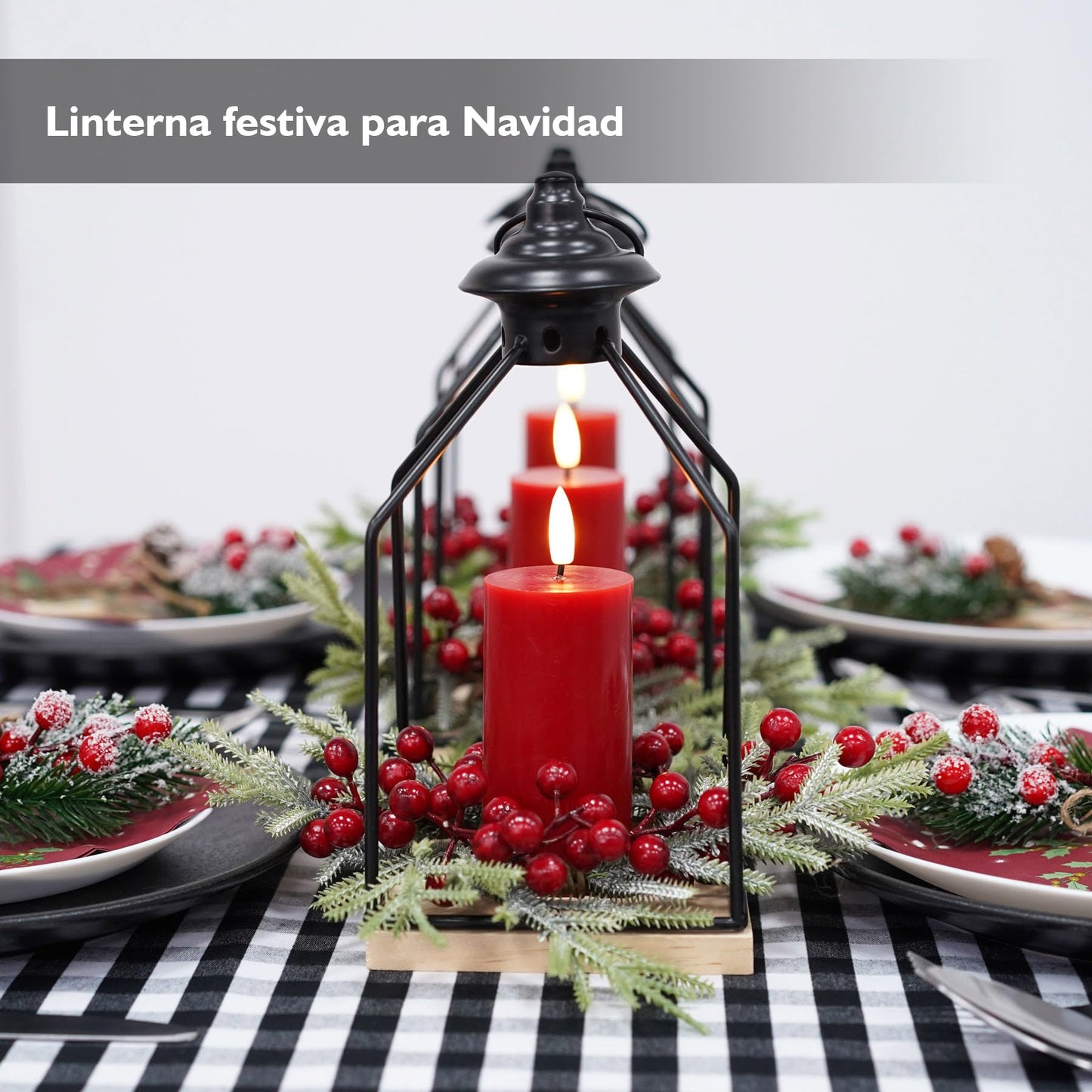 Linterna Decorativa Rhytsing Roja con Vela LED Sin Llama y Anillo Navideño para Navidad