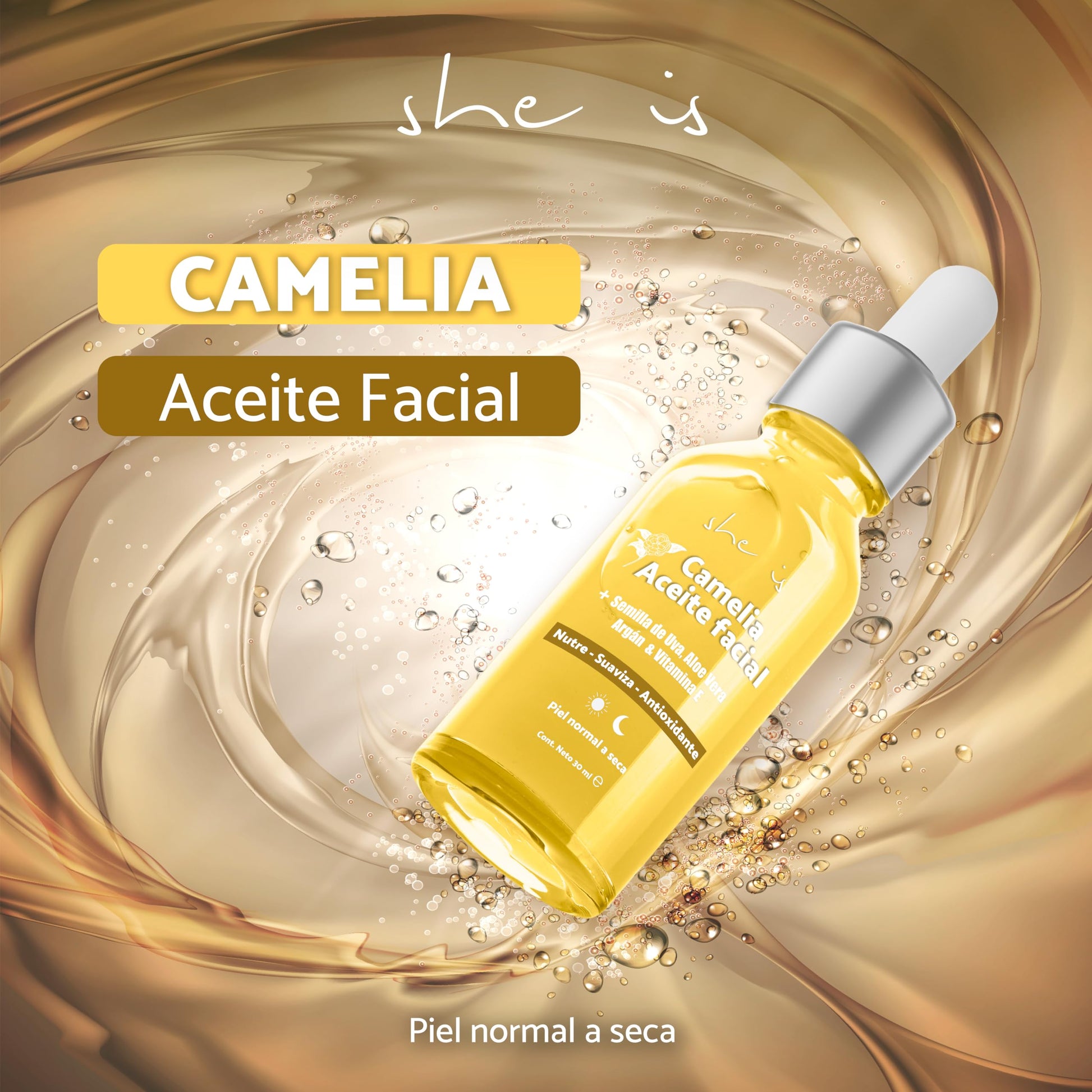 She is skincare Sérum Facial Nutritivo Camelia 6 extractos orgánicos, 30ml