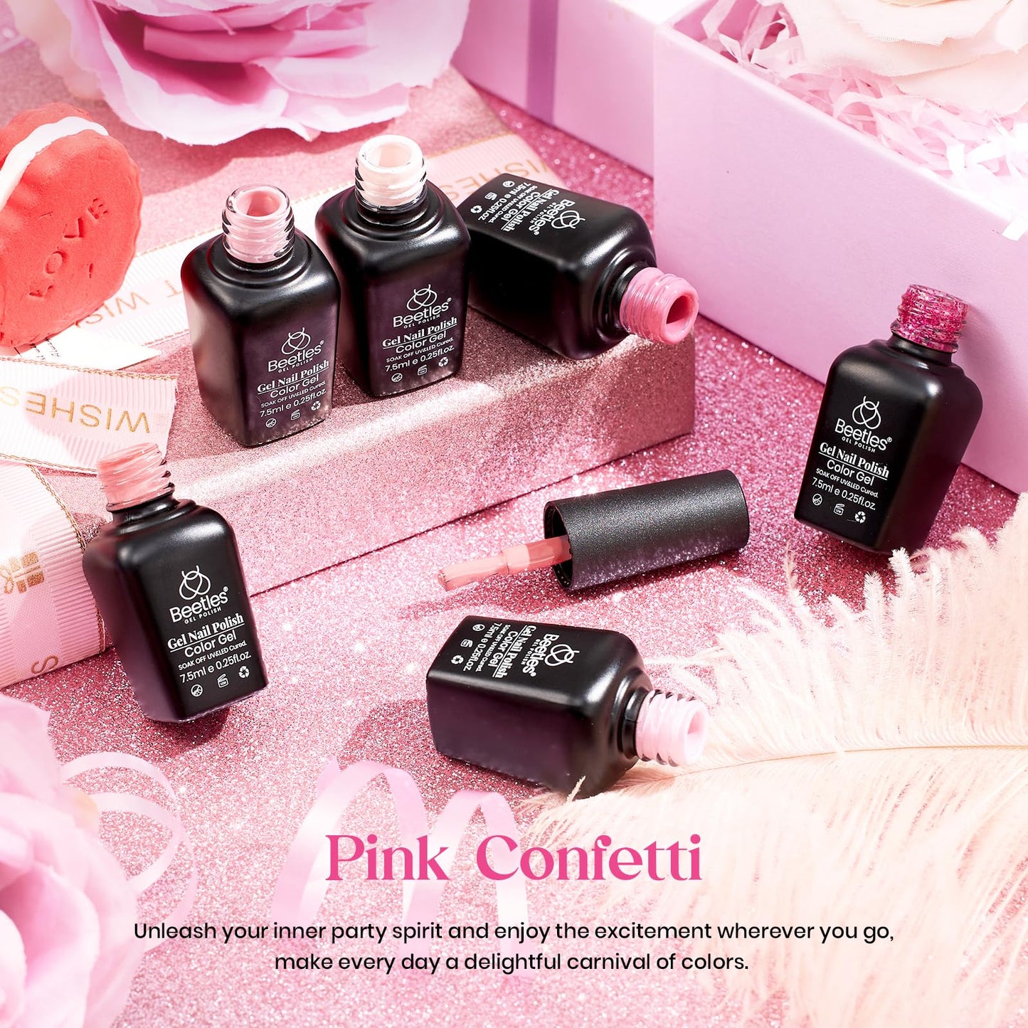 Kit de esmalte de uñas de gel Beetles, 6 colores, colección de confeti rosa, juego de esmalte de uñas de gel pastel con purpurina rosa nude clásico, esmalte de uñas en gel con LED UV, kit de manicura para regalo