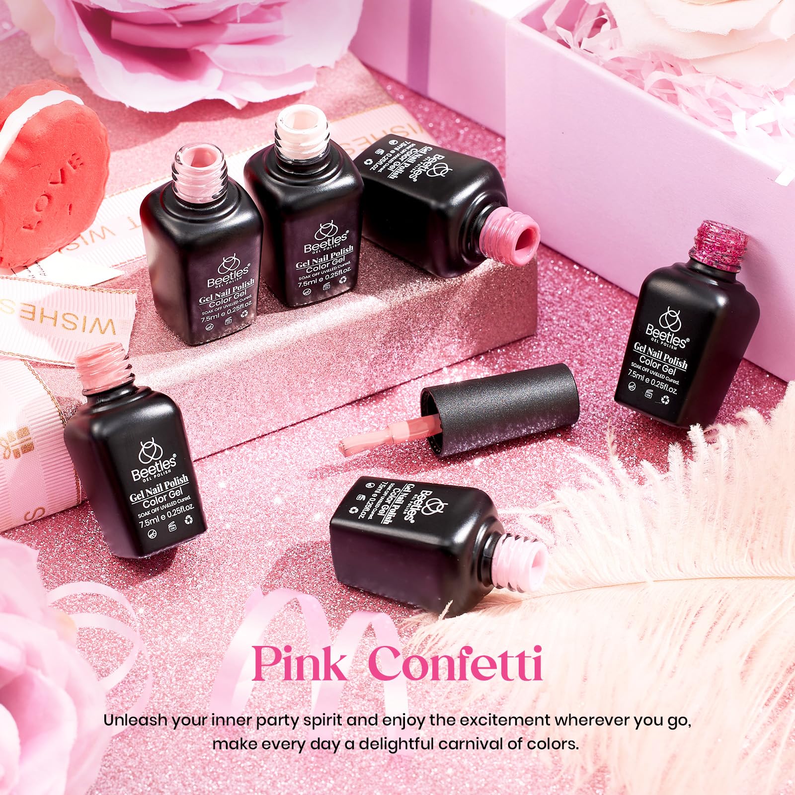 Kit de esmalte de uñas de gel Beetles, 6 colores, colección de confeti rosa, juego de esmalte de uñas de gel pastel con purpurina rosa nude clásico, esmalte de uñas en gel con LED UV, kit de manicura para regalo