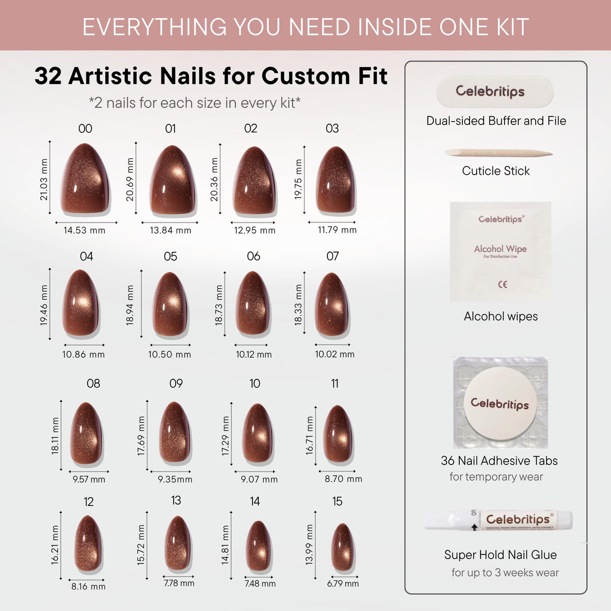 Celebritips Uñas Postizas Decorativas | Polvo De Canela, Uñas Cortas Almendradas, Reutilizables, Uñas De Otoño Con Calidad De Salón | 16 Tamaños - Kit De 32 Uñas Con Pegamento De Fijación Extra Fuerte