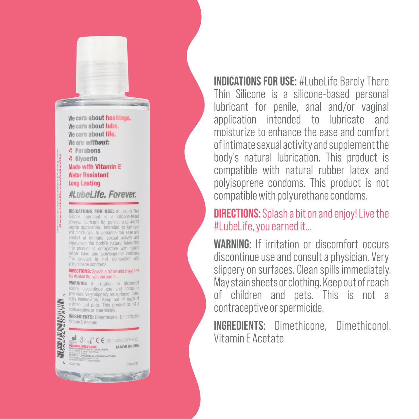 Lube Life: Lubricante íntimo fino a base de silicona de larga duración, resistente al agua, sin parabenos y glicerina, para hombres, mujeres y parejas
