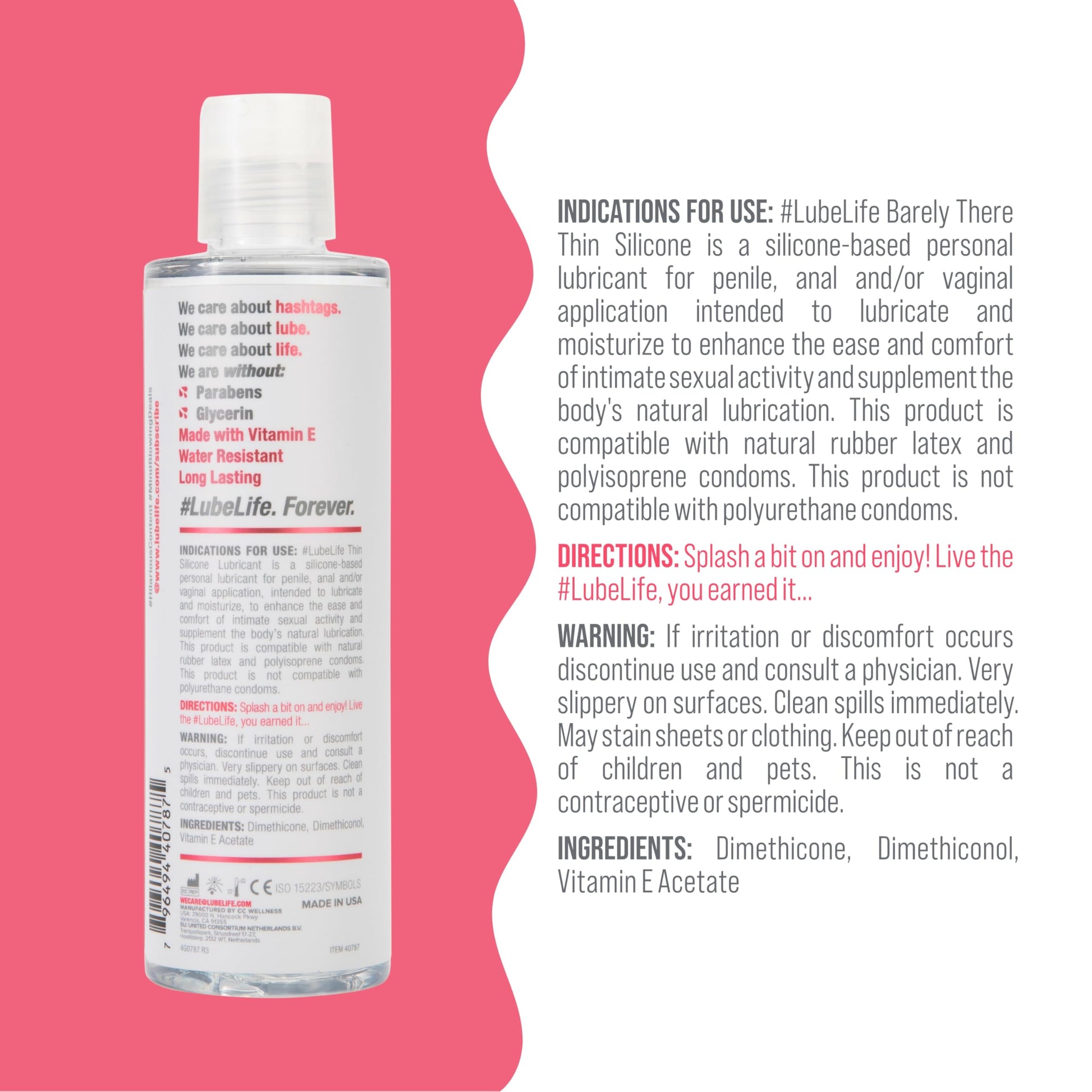 Lube Life: Lubricante íntimo fino a base de silicona de larga duración, resistente al agua, sin parabenos y glicerina, para hombres, mujeres y parejas