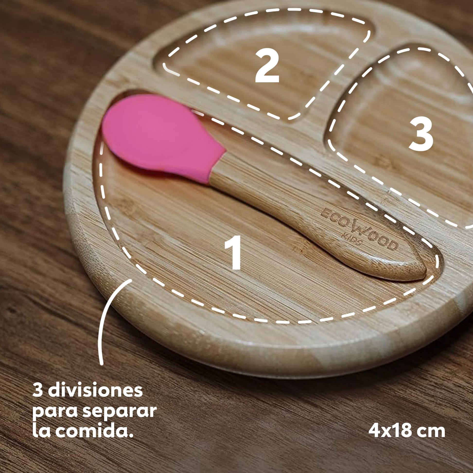 Ecowood® Plato Extendido de Bambú con Divisiones para Bebe y Niño - Con Base de Silicona Succión Adherente y Antiderrapante (Rosa)