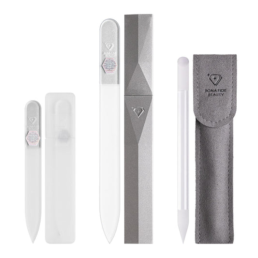 Juego de limas de uñas de cristal para cutículas, limas de uñas de manicura en estuche, limado de precisión, suave en uñas naturales y cutículas, vidrio checo de calidad prémium