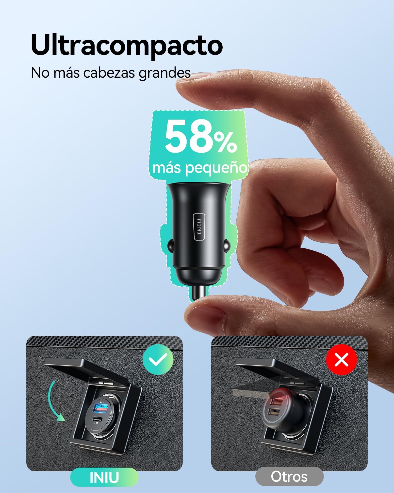 INIU Cargador Auto, USB C 30W+USB A 30W QC3.0 Car Phone Charger Cargador de Coche Adaptador Compatible con iPhone 16 15 14 13 12 Pro Plus MAX Mini Samsung S21 Huawei iPad Airpods Portátiles Tabletas