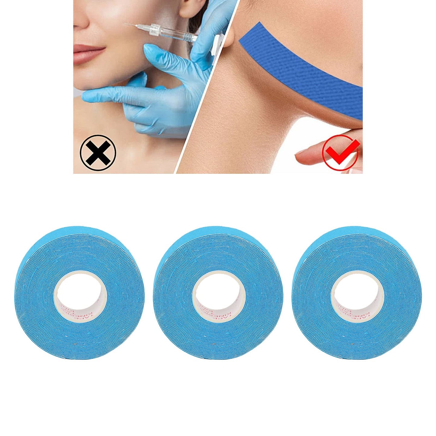 Rollo de Cinta para la Cara,ANGGREK 3 Rollos de Cinta para la Cara Tira para Eliminar Arrugas Faciales Cinta en Forma de V Fácil de Cortar Parche de Elevación en Forma de V para(Azul claro)