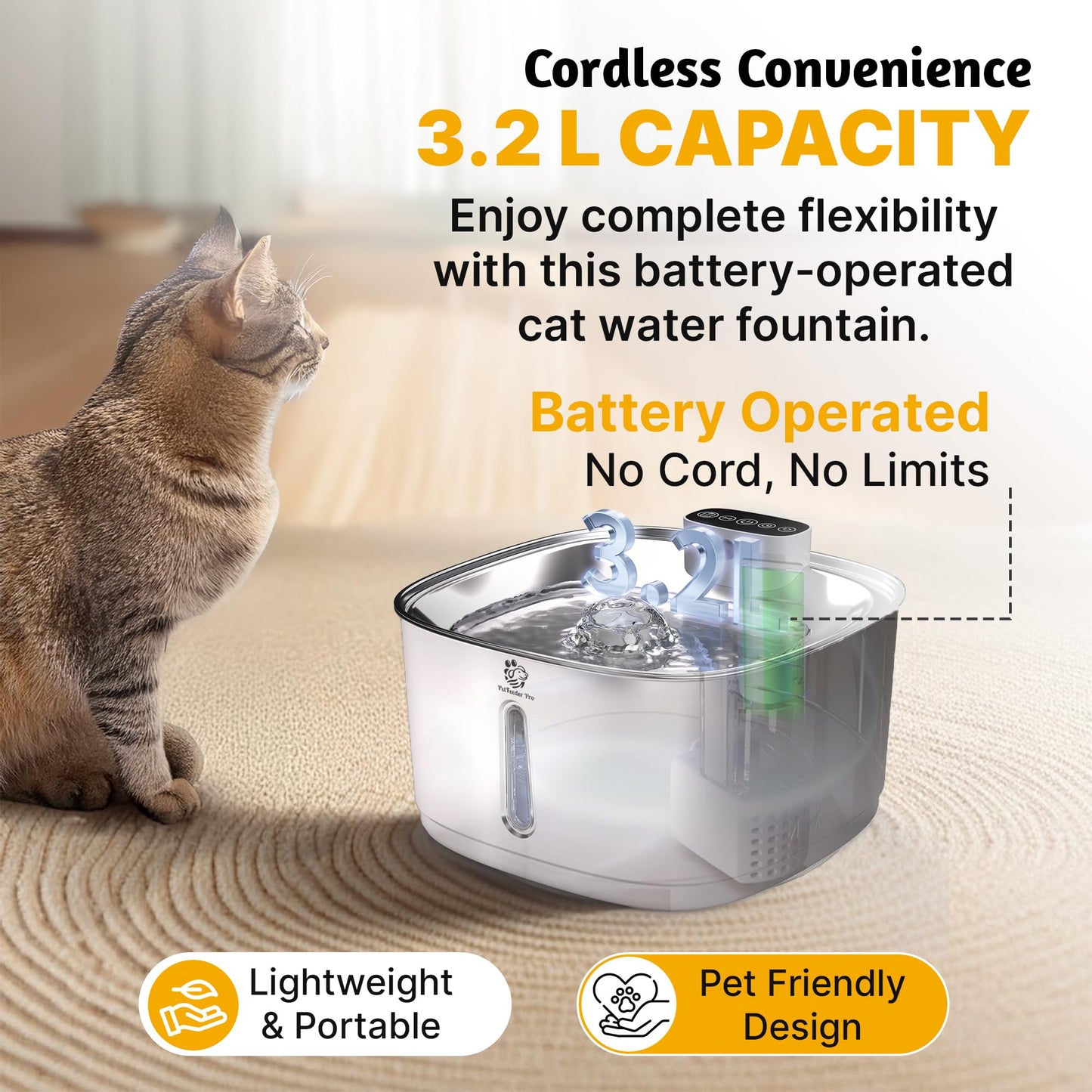 Fuente de Agua PetFeeder Pro Acero Inoxidable 3.2 l Sin Cable con Filtros para Gatos