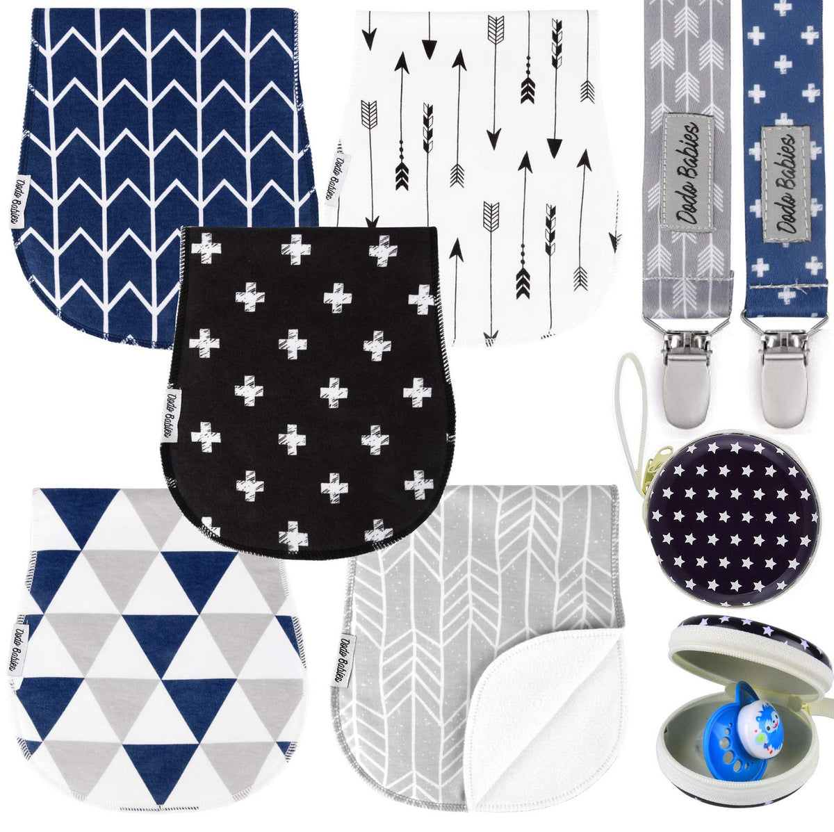 Dodo Babies - Paquete de 5 paños para eructos para bebé, Suaves y absorbentes, Incluye Estuche para Chupete y 2 Clips para Chupete, Colores: Negro, Azul y Gris, Esencial para bebés