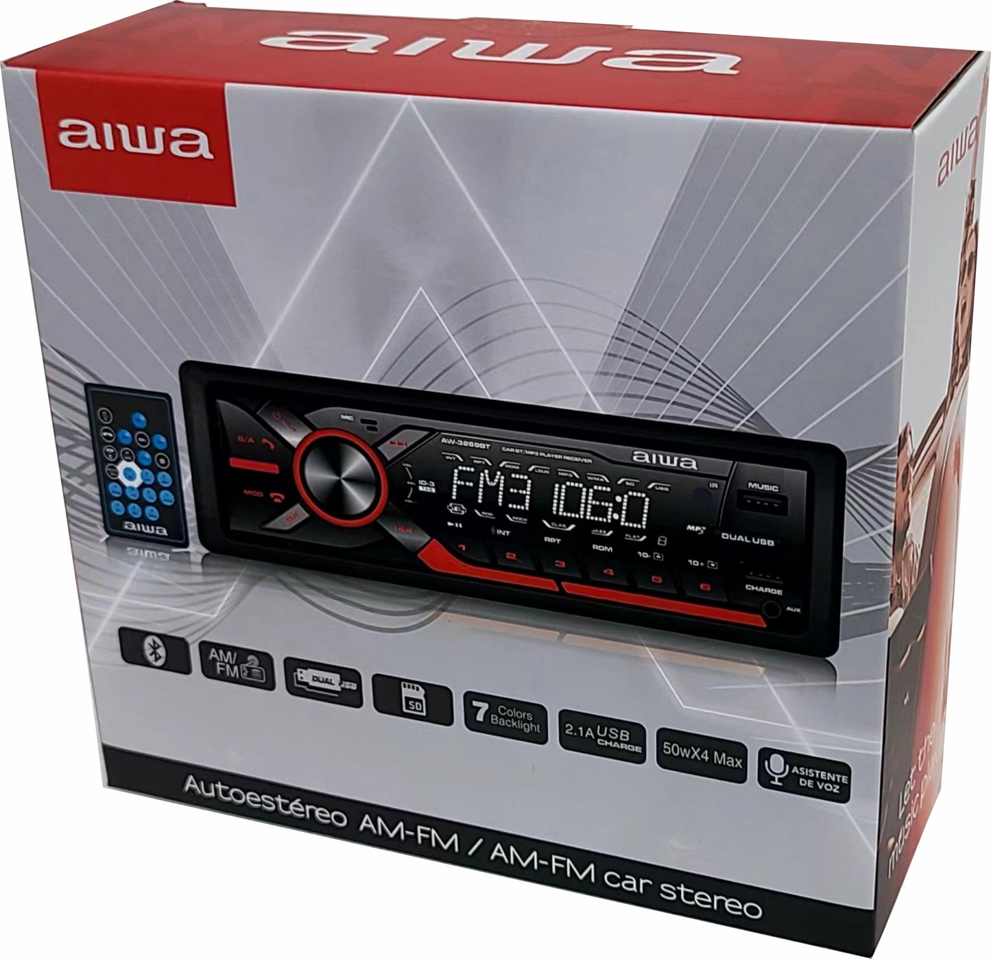 Aiwa Autoestéreo AW-3269BT Bluetooth USB SD AUX 4×50W Potencia 200W Iluminación 7 Colores Panel Desmontable Ecualizador MP3 Radio Am/FM Manos Libres Negro