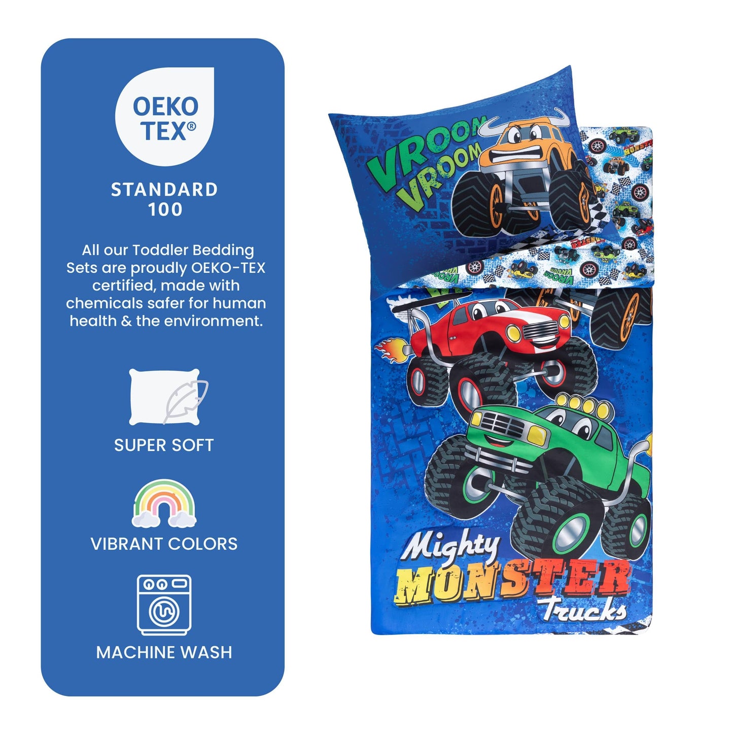 Todays Kids Monster Trucks - Juego de ropa de cama infantil para niños, juego de edredón de 4 piezas para niños, edredón reversible y funda de almohada, sábana encimera, sábana bajera, microfibra