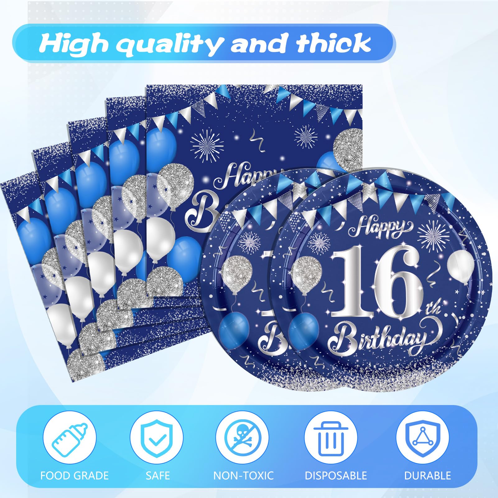 Decoraciones de Cumpleaños 16 Azul Marino Plata, Suministros para Fiesta Dulces 16 para Niños y Niñas
