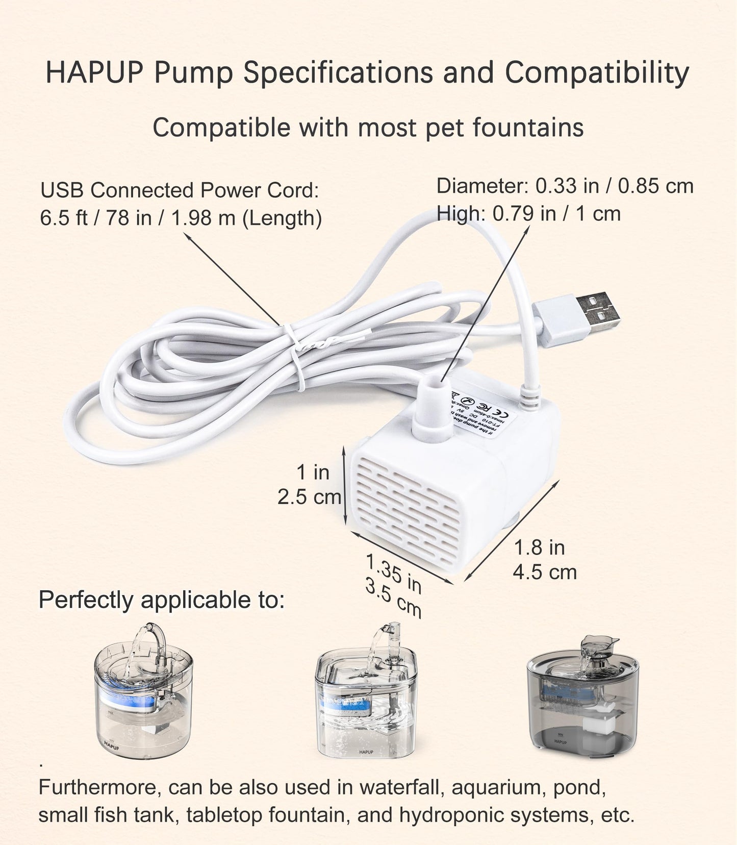 HAPUP Bomba de Agua para Gatos Ultra Silenciosa DC5V 90L/H con Cable 2M, Compatible con Fuente de Agua para Gatos, Negro y Blanco