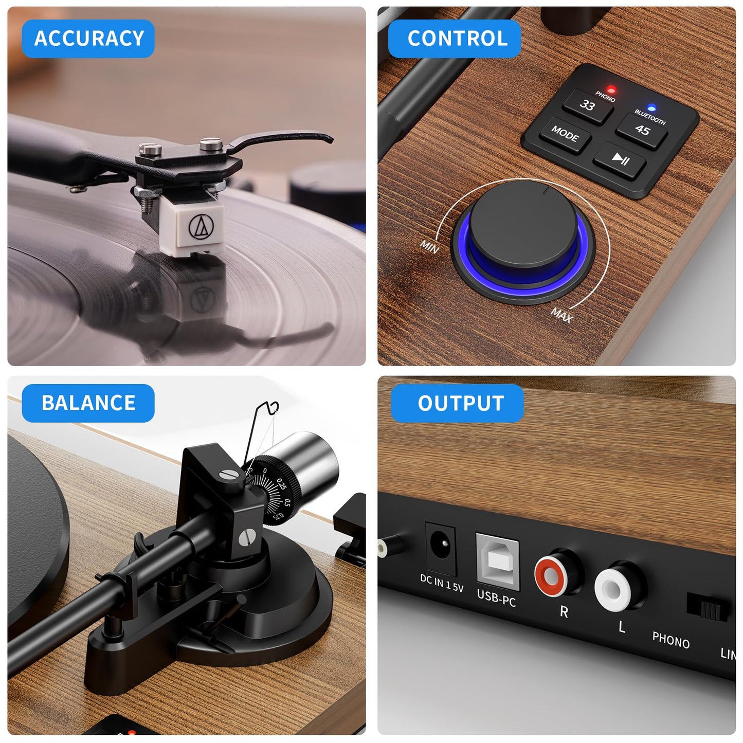 FEKTIK - Tocadiscos con Cartucho magnético, Tocadiscos de Vinilo Bluetooth de transmisión por Correa de Alta fidelidad con Altavoces de estantería de 36 vatios, preamplificador Phono Incorporado